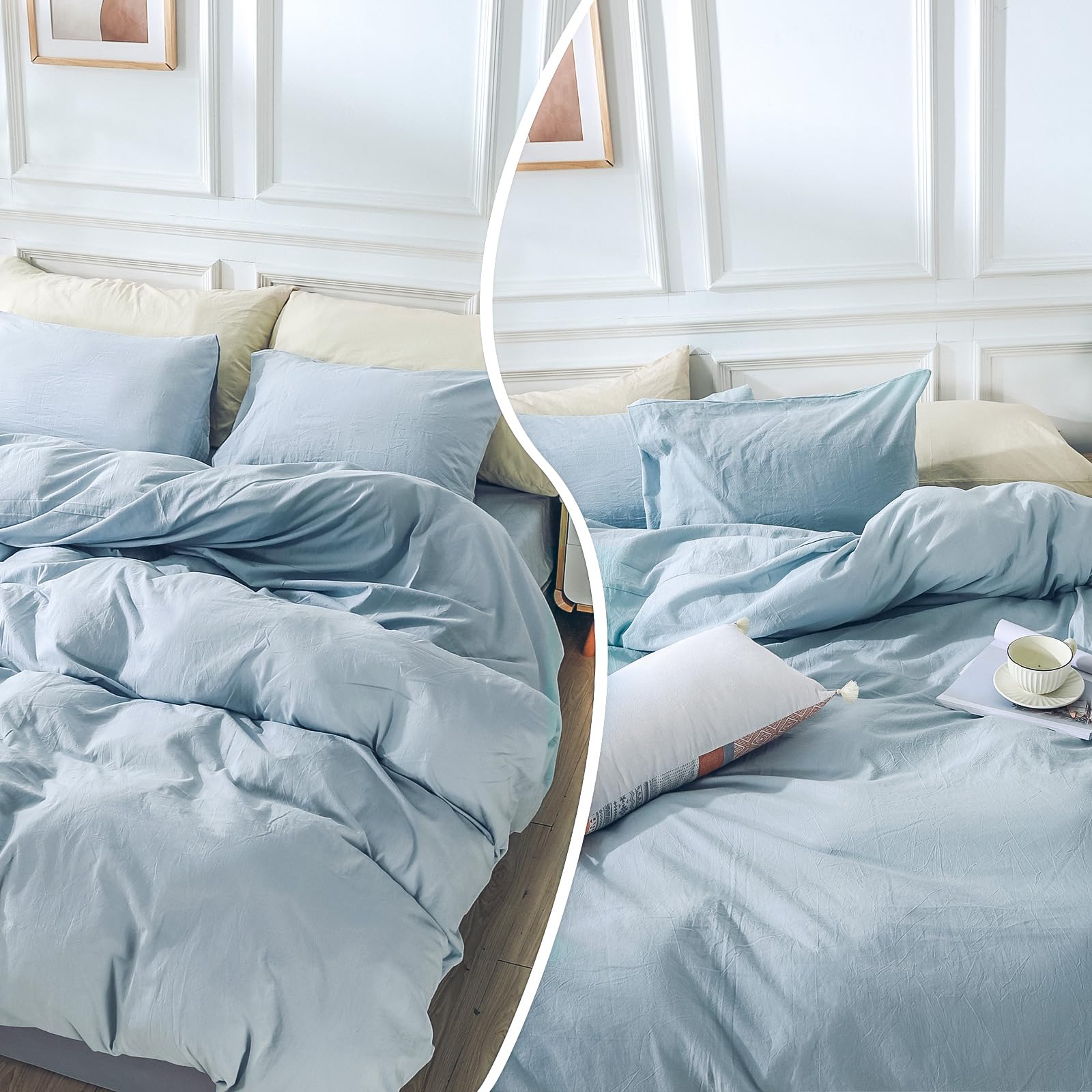 Nexhome Pro Duvet Cover Set King Size Linen Look Textured Organic Natural 100% Washed Cotton Duvet Cover 3 Pieces Bedding Set With Zipper Closure, Breathable, Soft, Light Baby Blue (No Comforter)