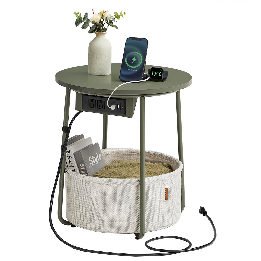 Vasagle Side Table With Charging Station, Round End Table With Fabric Basket, Nightstand With Power Outlets Usb Ports, For Living Room, Bedroom, Modern, Forest Green And Cream White Ulet228C04