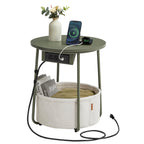 Vasagle Side Table With Charging Station, Round End Table With Fabric Basket, Nightstand With Power Outlets Usb Ports, For Living Room, Bedroom, Modern, Forest Green And Cream White Ulet228C04