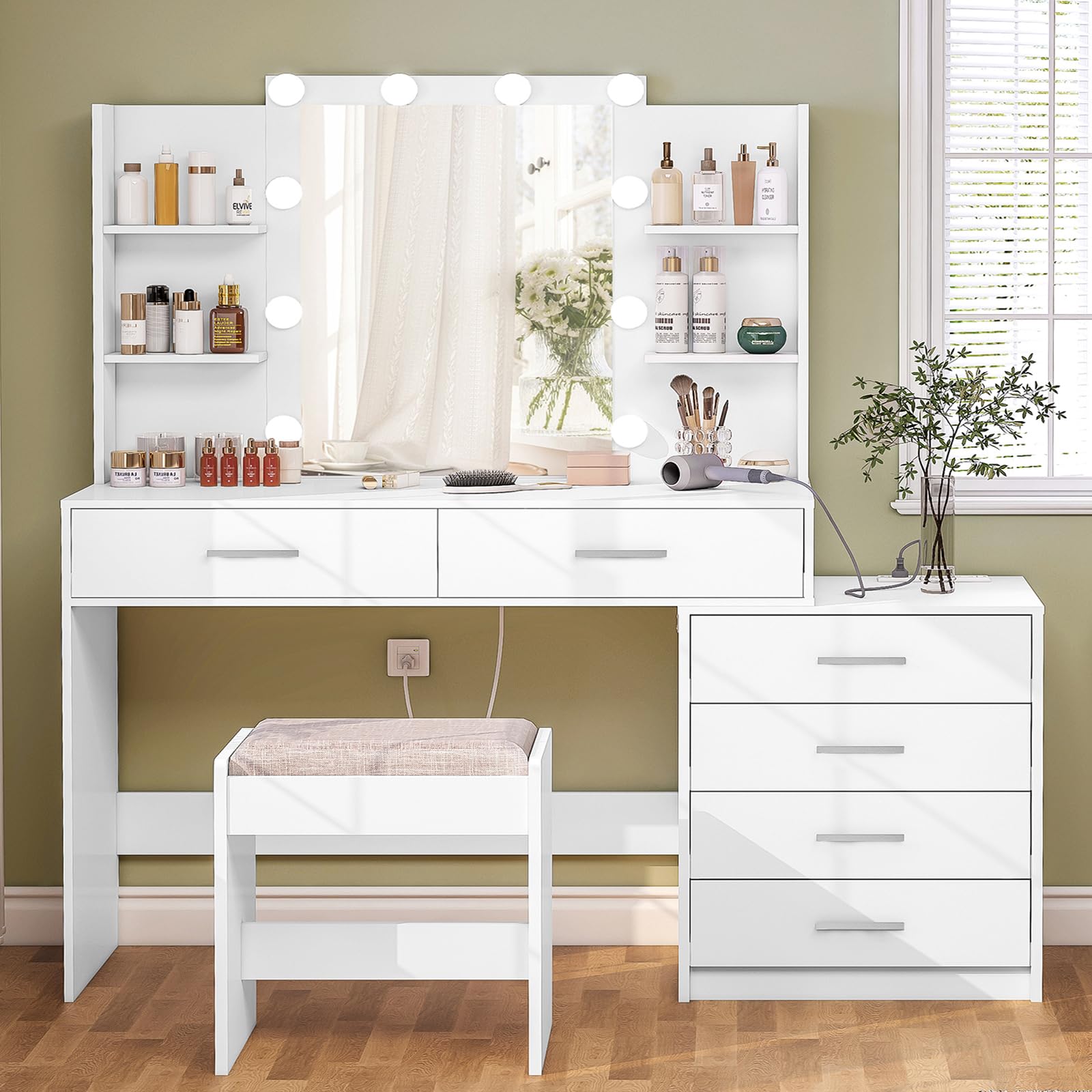 Quimoo 48 Large Vanity Desk with Mirror & Lights, Makeup Vanity Table with 6 Drawers & Power Outlet, 6 Open Storage Shelves, Van