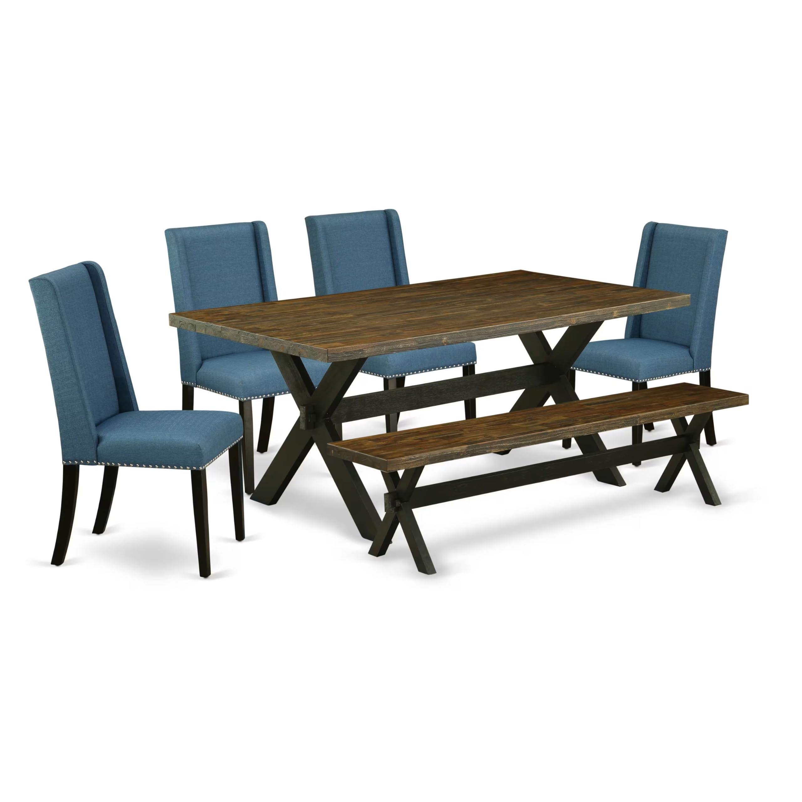East West Furniture X677Fl121-6 6 Piece Modern Dining Table Set Contains A Rectangle Wooden Table With X-Legs And 4 Blue Linen Fabric Parson Chairs With A Bench, 40X72 Inch, Multi-Color