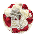 Abbiehome Handmade Bridal Bridesmaids Brooch Bouquet Satin Roses with Crystal Diamond Pearl Decor (Burgundy+Ivory)