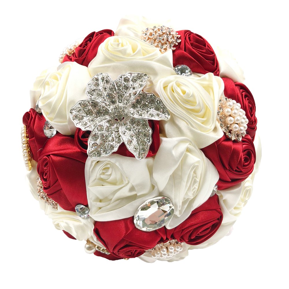 Abbiehome Handmade Bridal Bridesmaids Brooch Bouquet Satin Roses with Crystal Diamond Pearl Decor (Burgundy+Ivory)