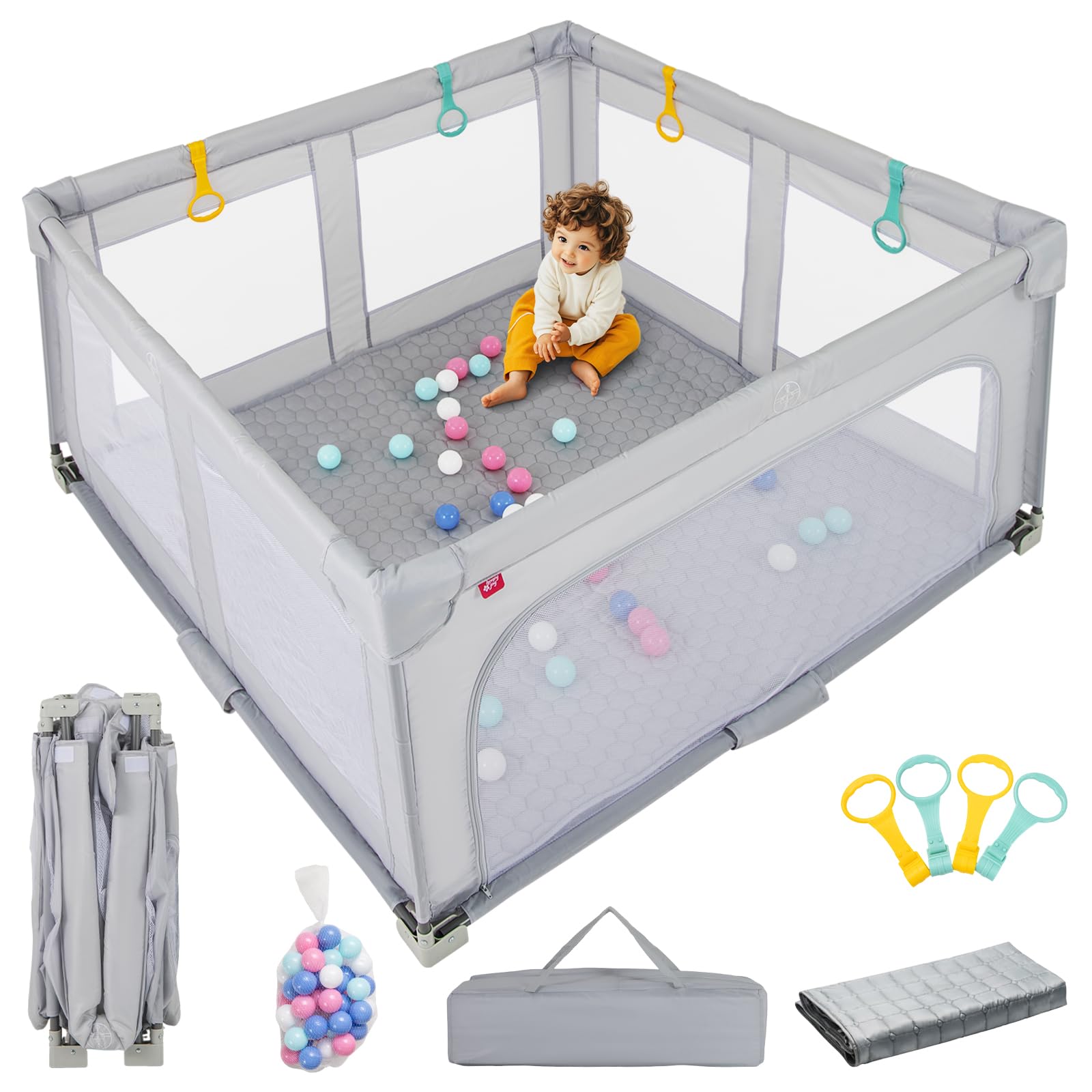 INFANS Foldable Baby Playpen with Mat, 59    x 59    Large Baby Play Yard for Infant with 50 Ocean Balls, 4 Handlers, Carry Bag,