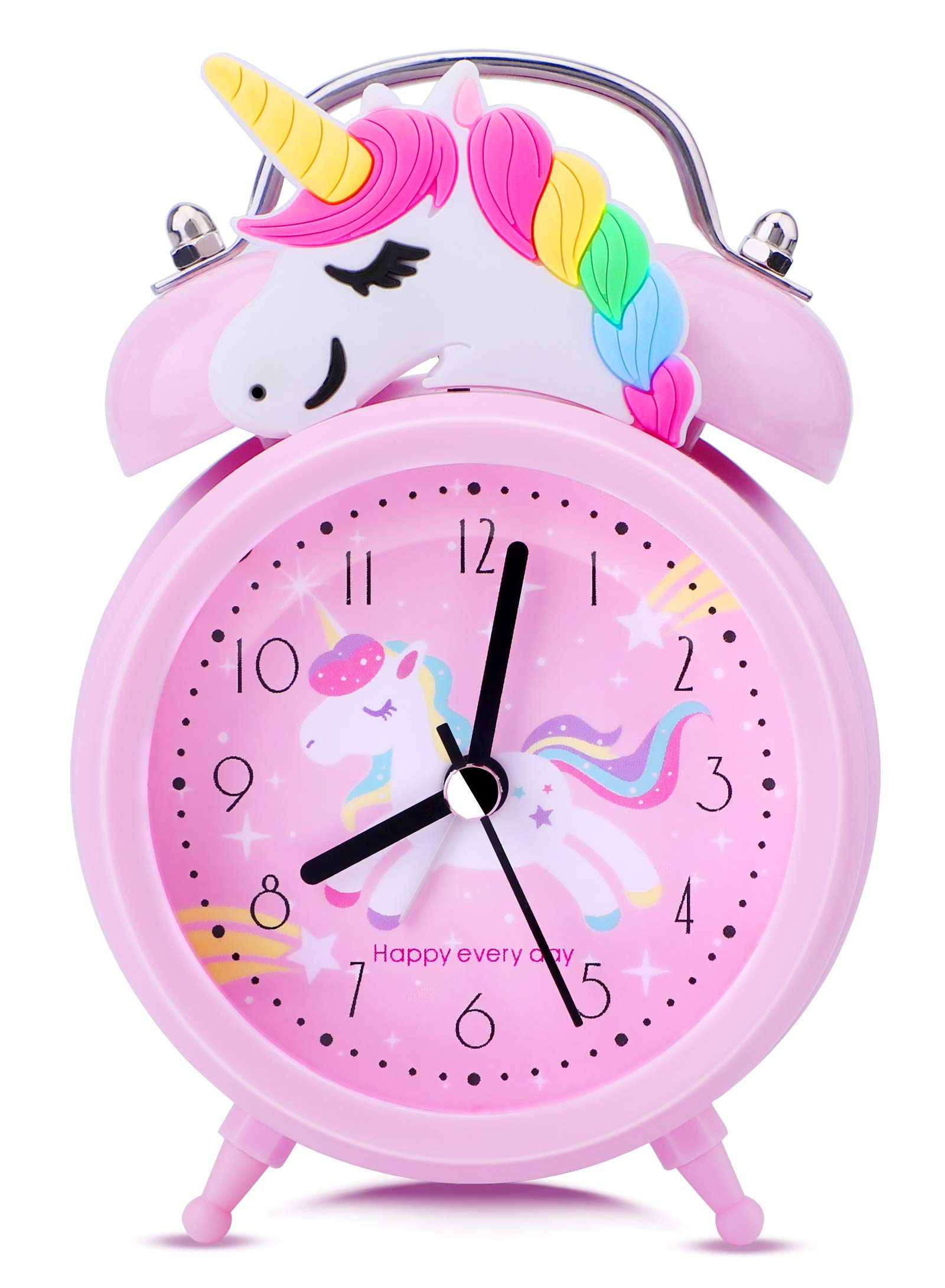 Unicorn Alarm Clock for Girls Kids, Cute Bedroom Decoration, Non Ticking Silent Second Hand, w/Backlight Super Loud Twin Bell, f