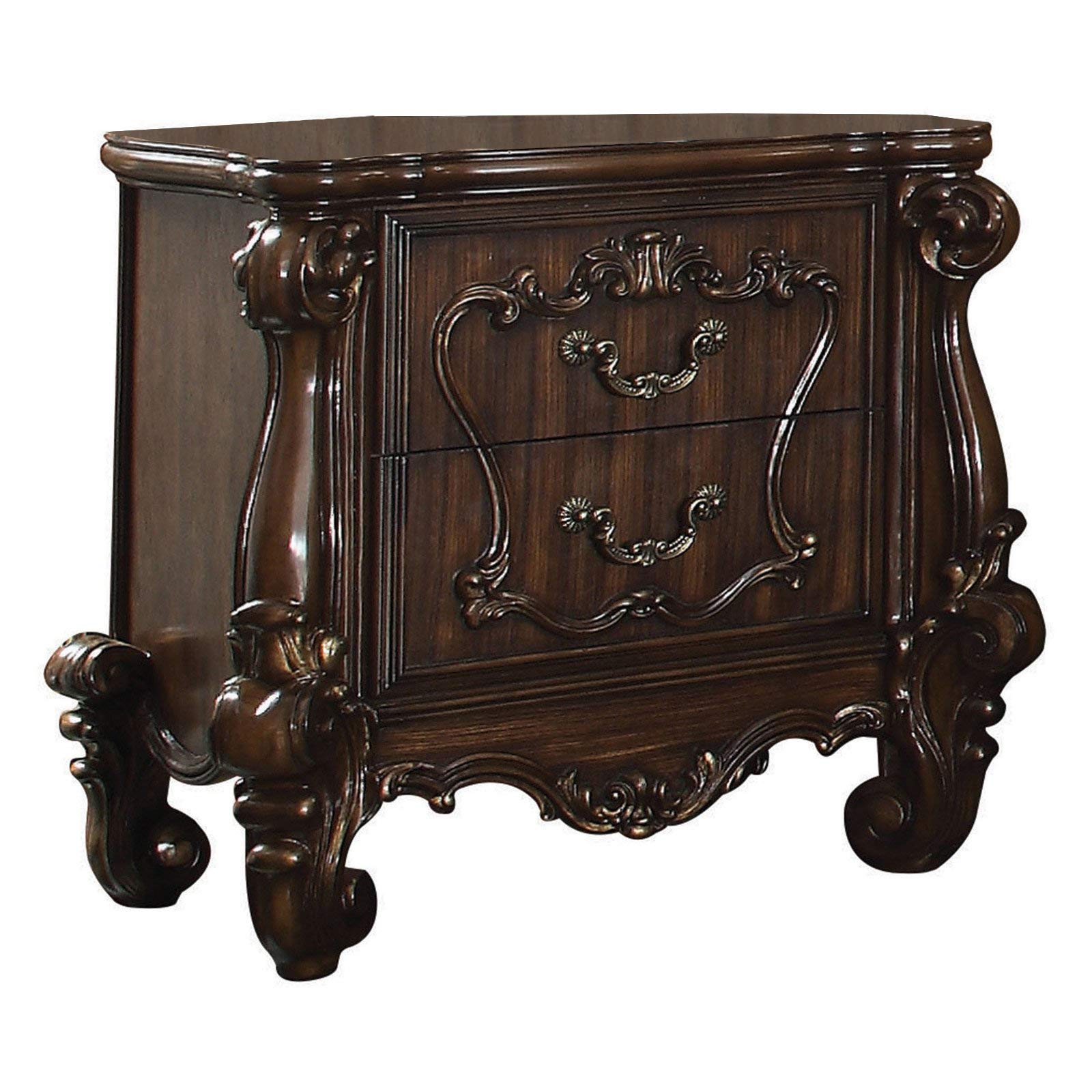 Benjara Traditional Wooden Nightstand With Antique Handles And Scrolled Legs, Brown