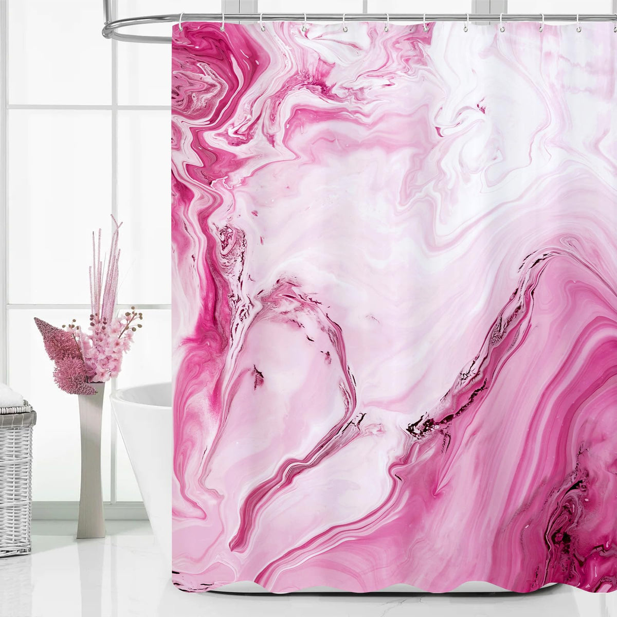 Mitovilla Hot Pink Marble Shower Curtain, Modern Ombre Fabric Cloth Shower Curtains For Luxury Bathroom Decor, Abstract Watercol