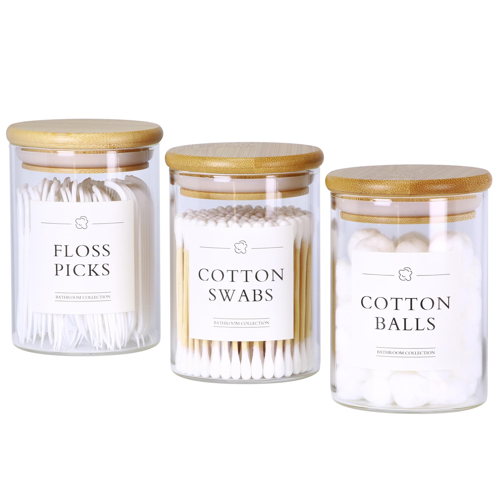 INIUNIK 3 Pack Glass Qtip Holder Dispenser, Apothecary Jars with Lids for Bathroom, Cotton Ball Pad Swab Holder, Bamboo Bathroom