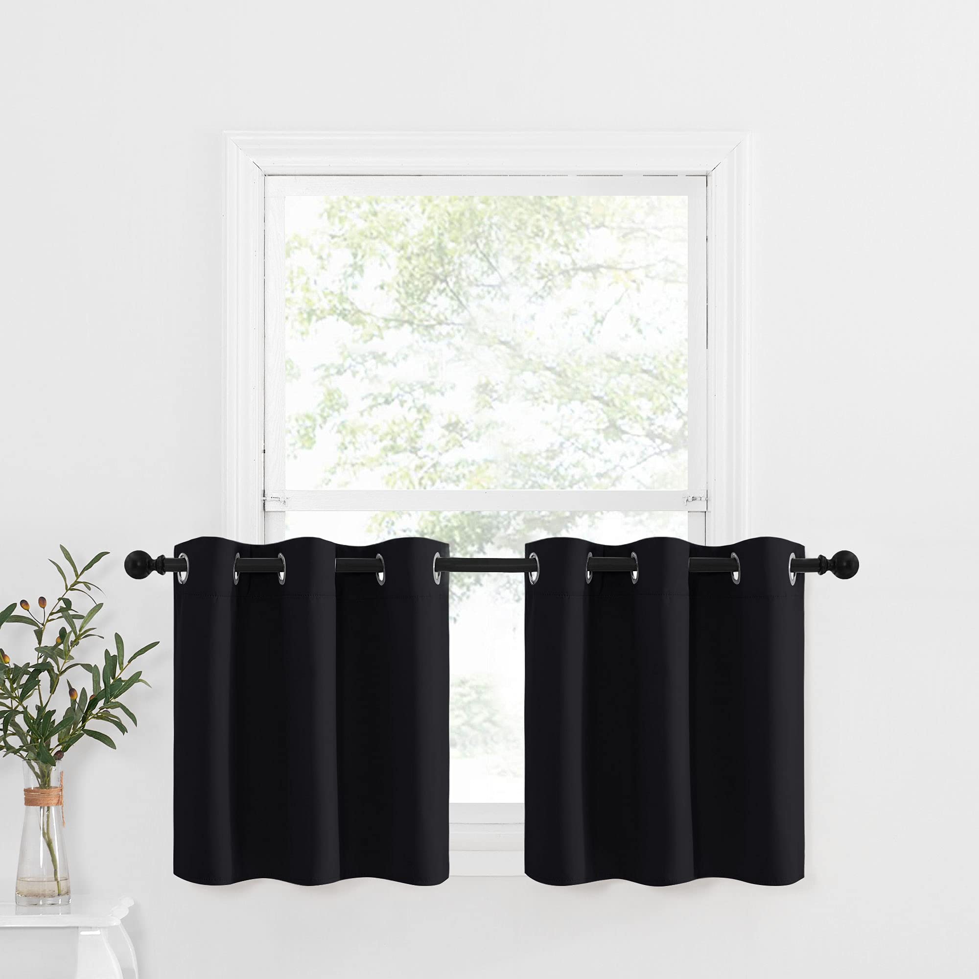 Nicetown Black Small Window Valances Curtains - Thermal Insulated Home Decor Blackout Grommet Tier Curtains Drapes For Kitchen/Bedroom/Office (42W By 24L 1.2 Inches Header, Black, 2 Pieces)