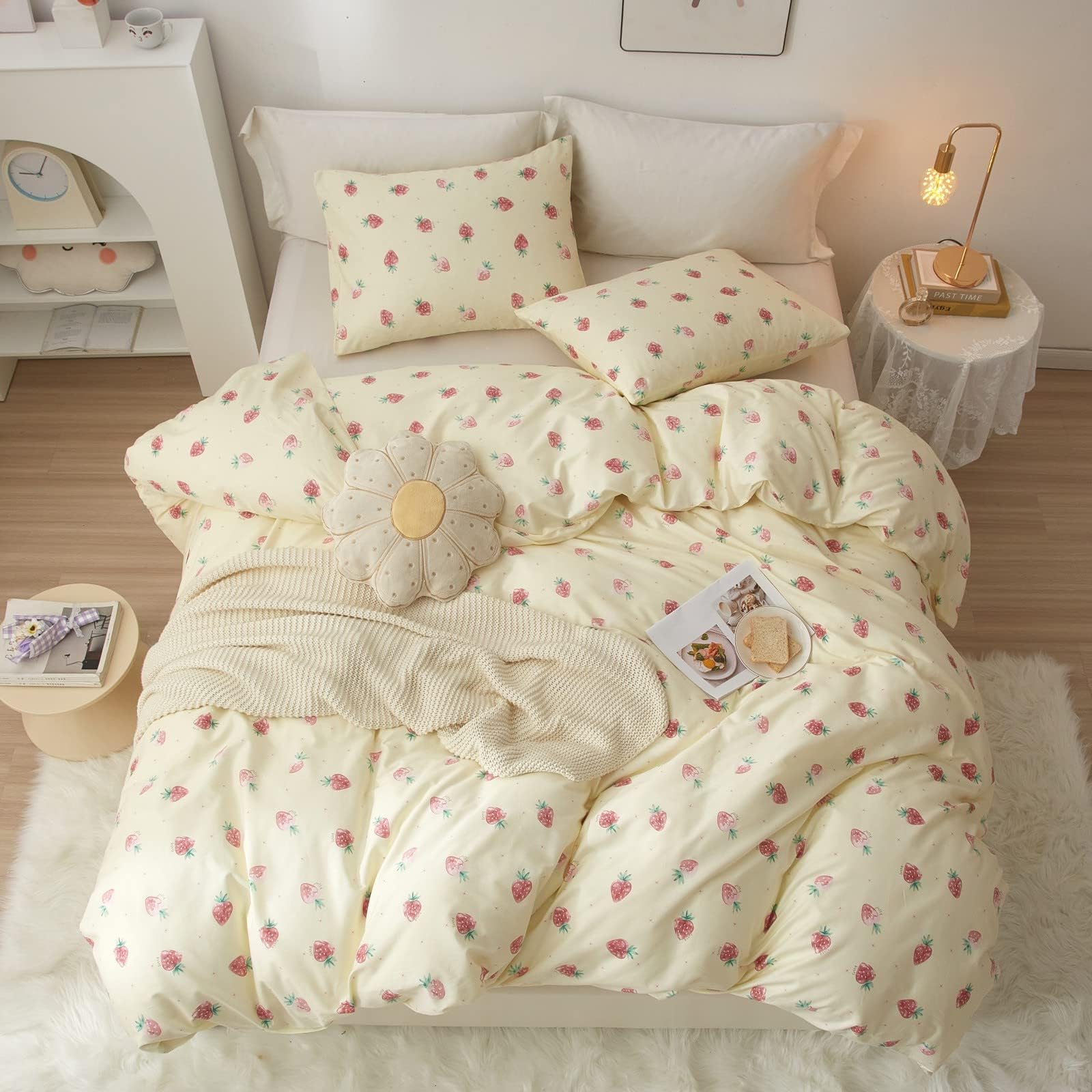 Aojim Kawaii Style Pure Cotton Duvet Cover Set 3Pcs For Kids Adults, Children Cute Bedding Comforter Cover With Small Strawberri