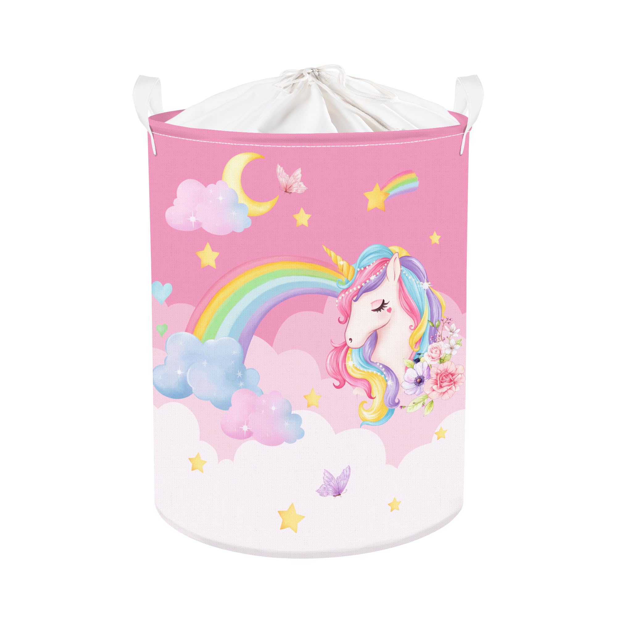 Clastyle 45L Pink Unicorn Laundry Basket for Girls Round Rainbow Kids Laundry Hamper Moon Stars Flower Cloud Toy Clothes Storage