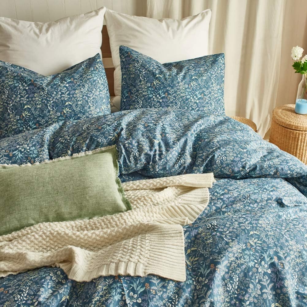 Blue Floral Duvet Cover Queen Vintage Flower Pattern Duvet Cover 100% Cotton Garden Style Comforter Cover Chic Botanical Floral