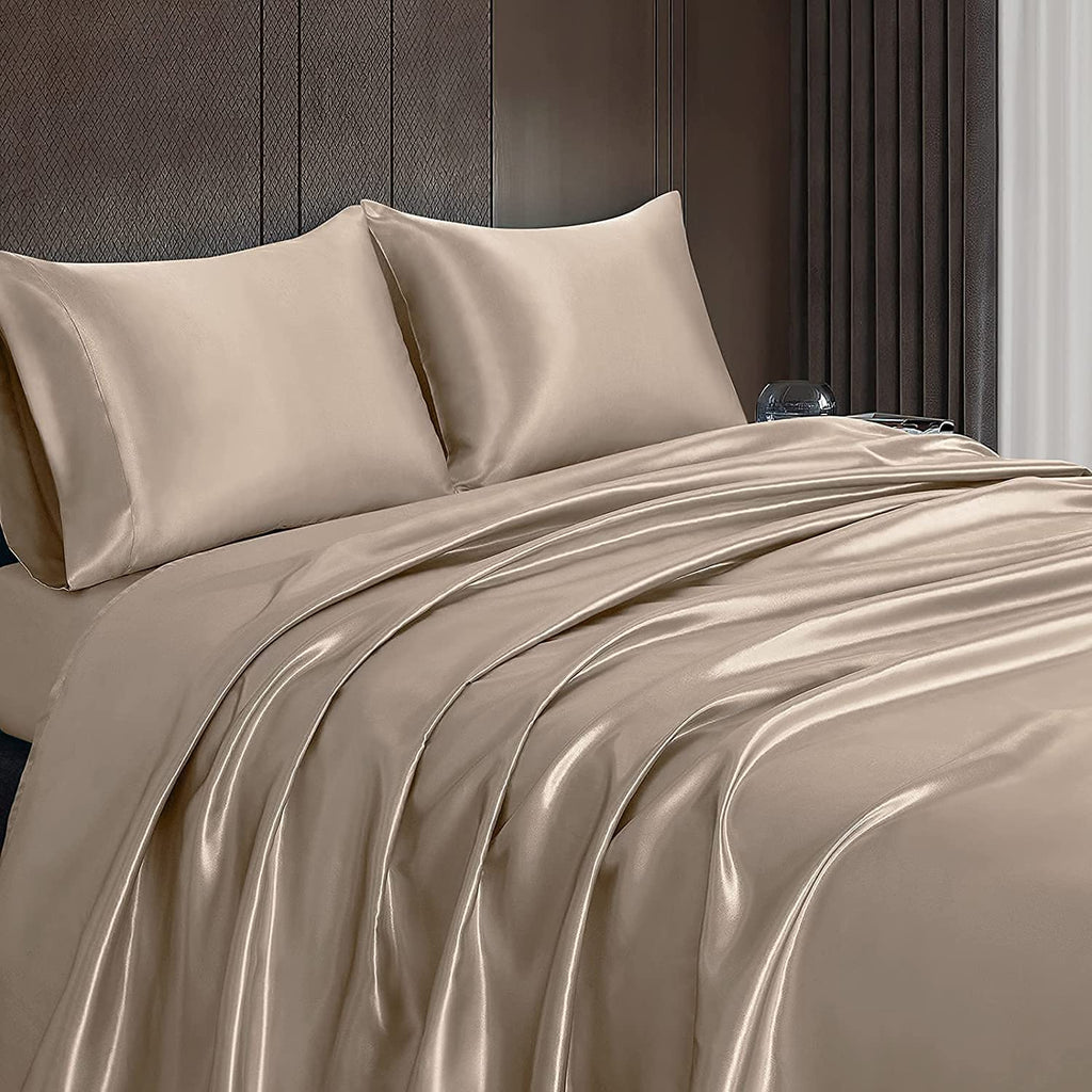 Homiest 3Pcs Satin Sheets Set Luxury Silky Satin Bedding Set With Deep Pocket, 1 Fitted Sheet + 1 Flat Sheet + 1 Pillowcase (Twin Xl Size, Taupe)