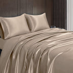 Homiest 3Pcs Satin Sheets Set Luxury Silky Satin Bedding Set With Deep Pocket, 1 Fitted Sheet + 1 Flat Sheet + 1 Pillowcase (Twin Xl Size, Taupe)