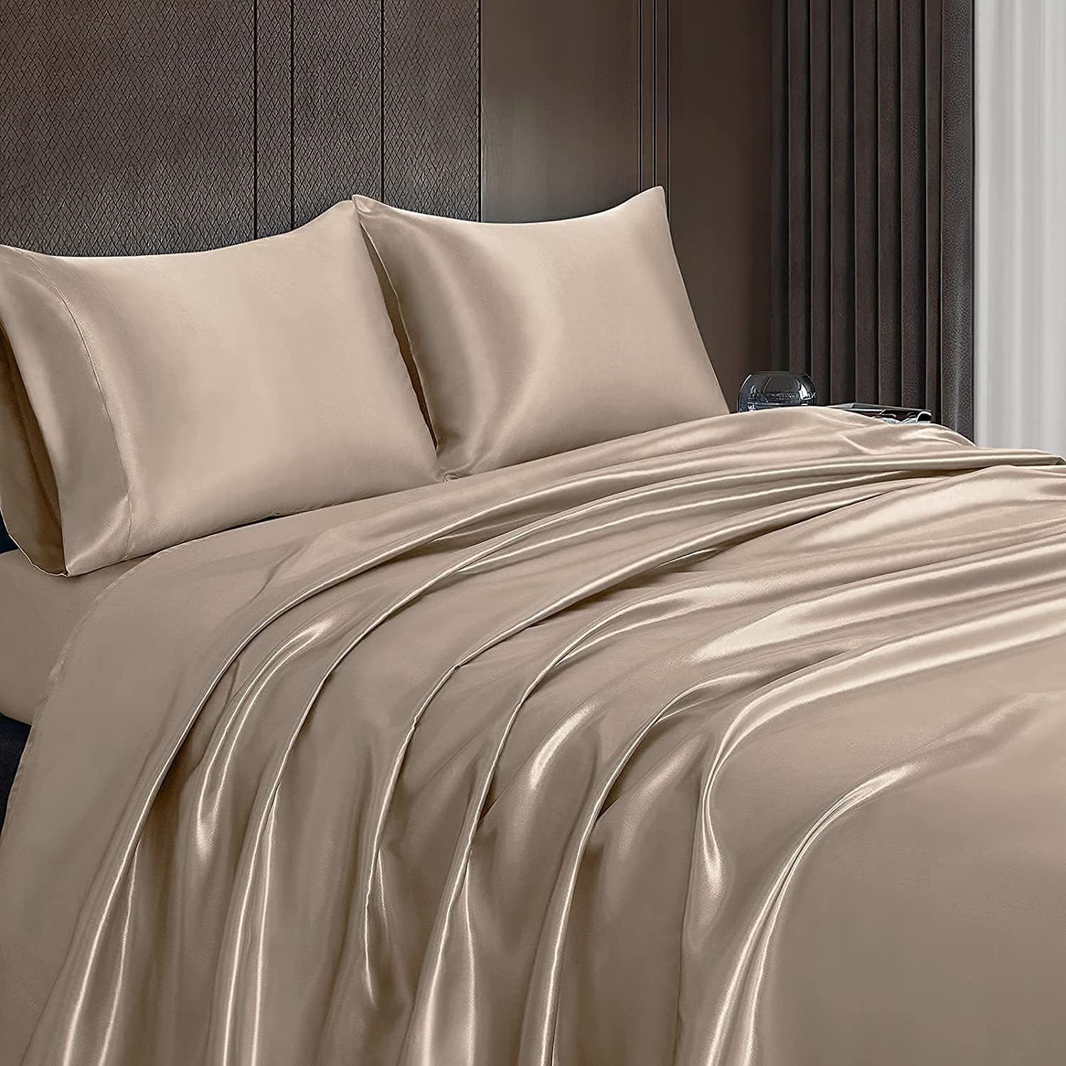 Homiest 3Pcs Satin Sheets Set Luxury Silky Satin Bedding Set With Deep Pocket, 1 Fitted Sheet + 1 Flat Sheet + 1 Pillowcase (Twin Xl Size, Taupe)