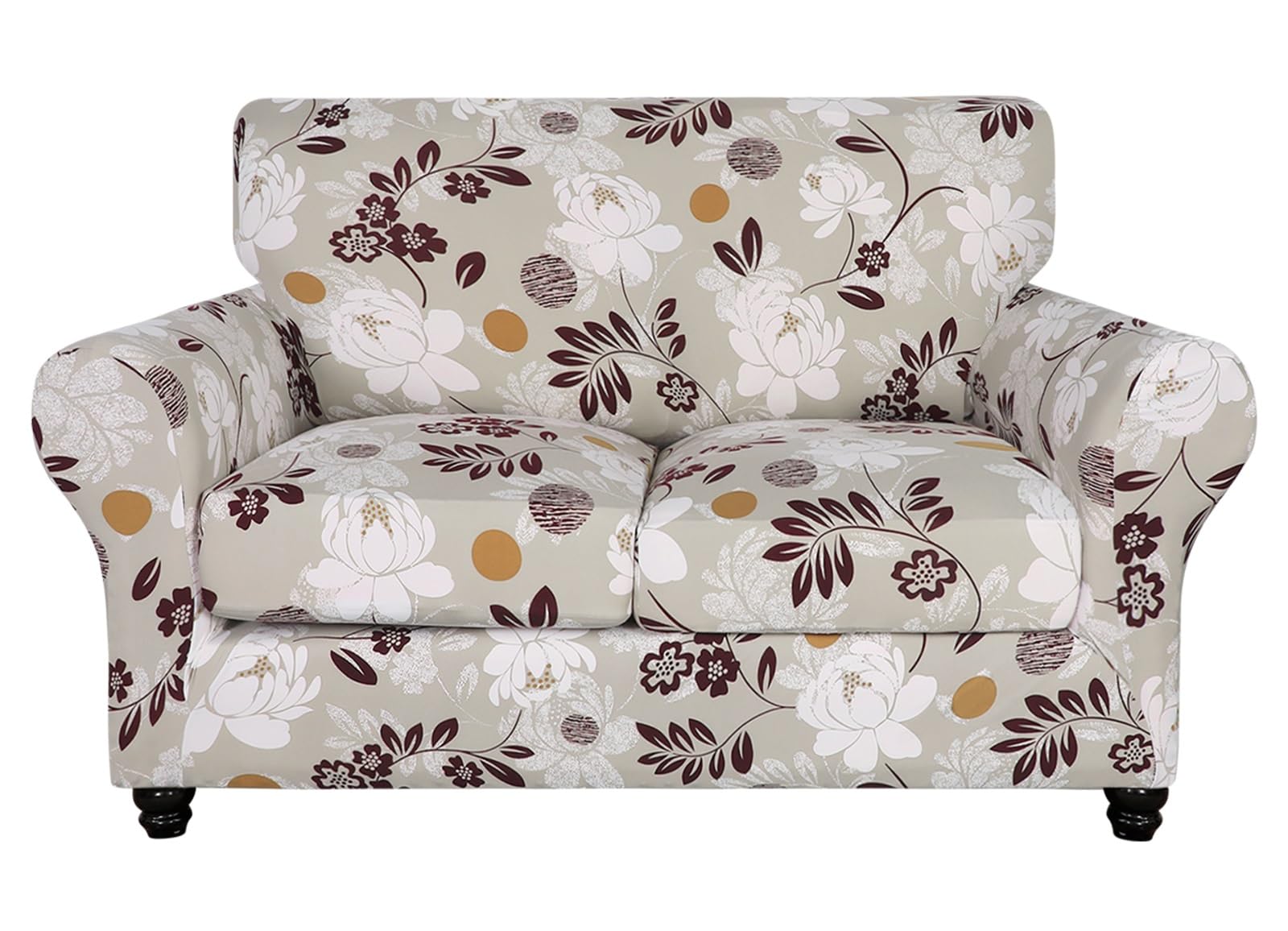 Searchi Stretch Sofa Cover Printed Couch Cover, Floral Pattern 3 Pieces Loveseat Slipcover With 2 Separate Cushion Cover, Washable Furniture Protector For Living Room(Loveseat, Brown Flowers)