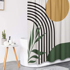 Tayney Boho Mid Century Shower Curtain Set With Toilet Lid Cover And Non-Slip Rugs, Abstract Green 4 Pcs Modern Minimalist Showe
