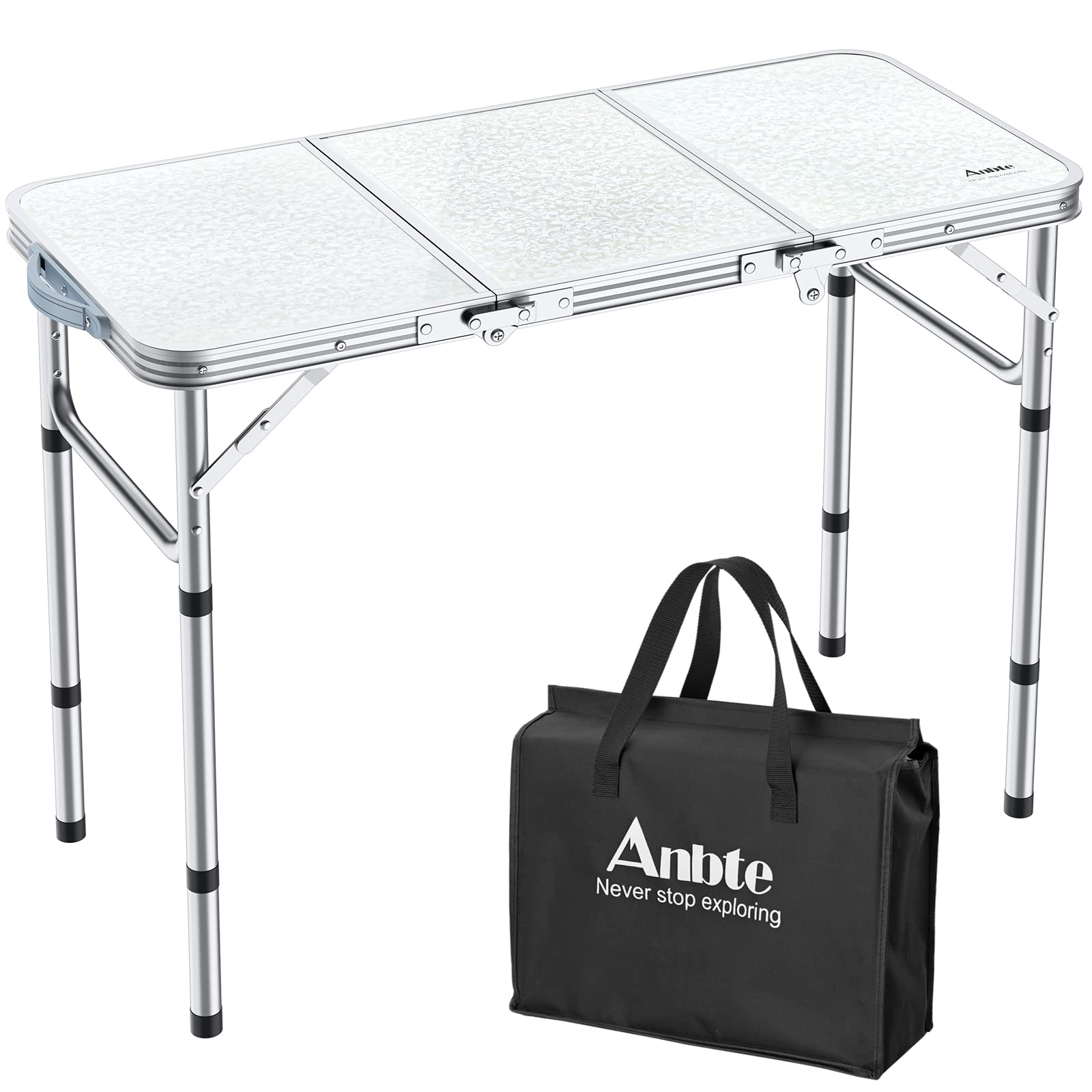 Anbte Folding Camping Table With Storage Net, 3Ft Camping Table Aluminum Folding Table With 3 Adjustable Height Max 27.1 Inch Picnic Table Portable Table For Outdoor Backyard Bbq, Silver