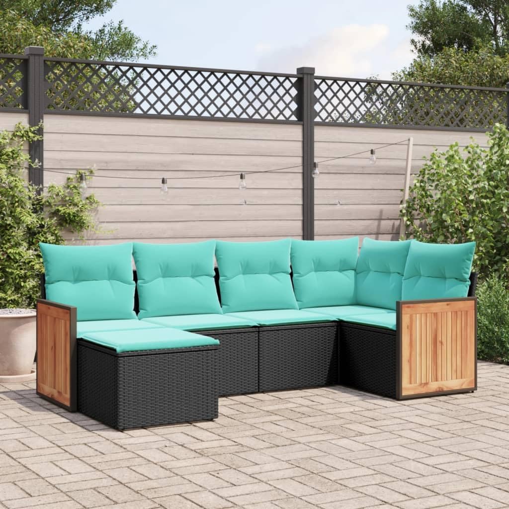 vidaXL Patio Sofa Set with Cushions - 6 Piece Outdoor Black Poly Rattan Furniture for Garden, Terrace, Backyard