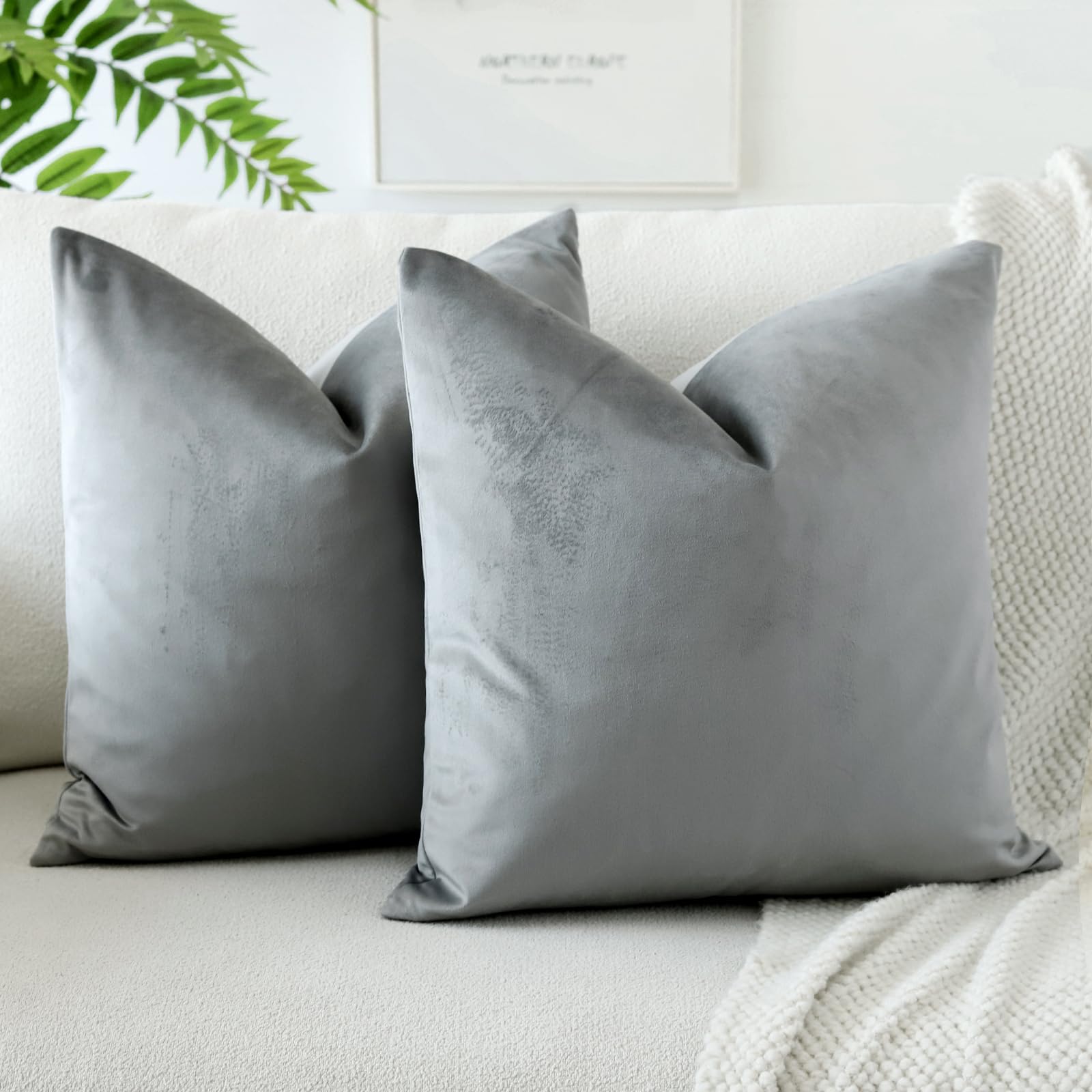 Otostar Pack Of 2 Velvet Soft Decorative Throw Pillow Covers 18 X 18 Inch Solid Square Cushion Case Couch Home Decor Pillow Covers For Sofa Bedroom Living Room (Grey)