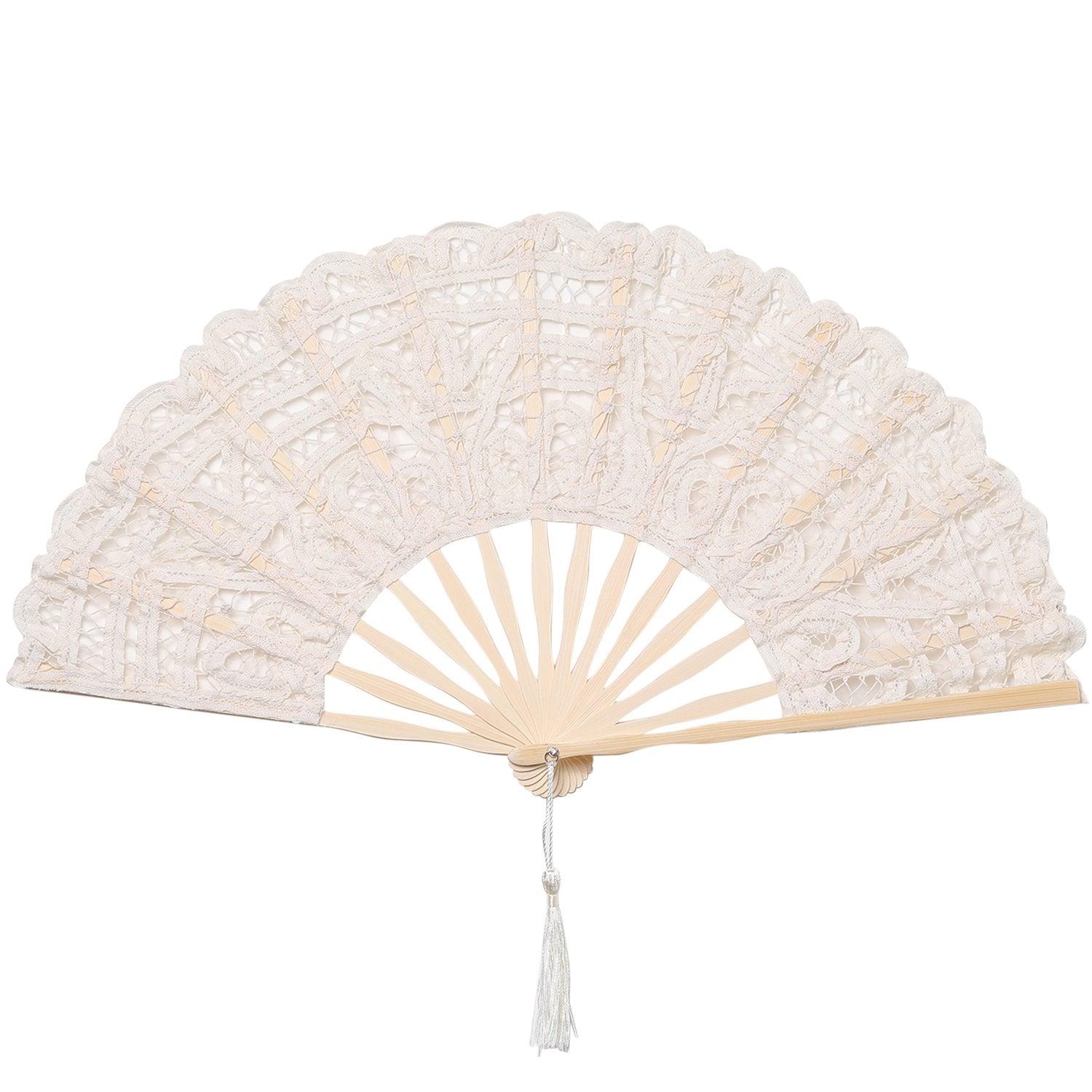 BABEYOND Cotton Lace Folding Handheld Fan Embroidered Bridal Hand Fan with Bamboo Staves for Wedding Decoration Dancing Party (B