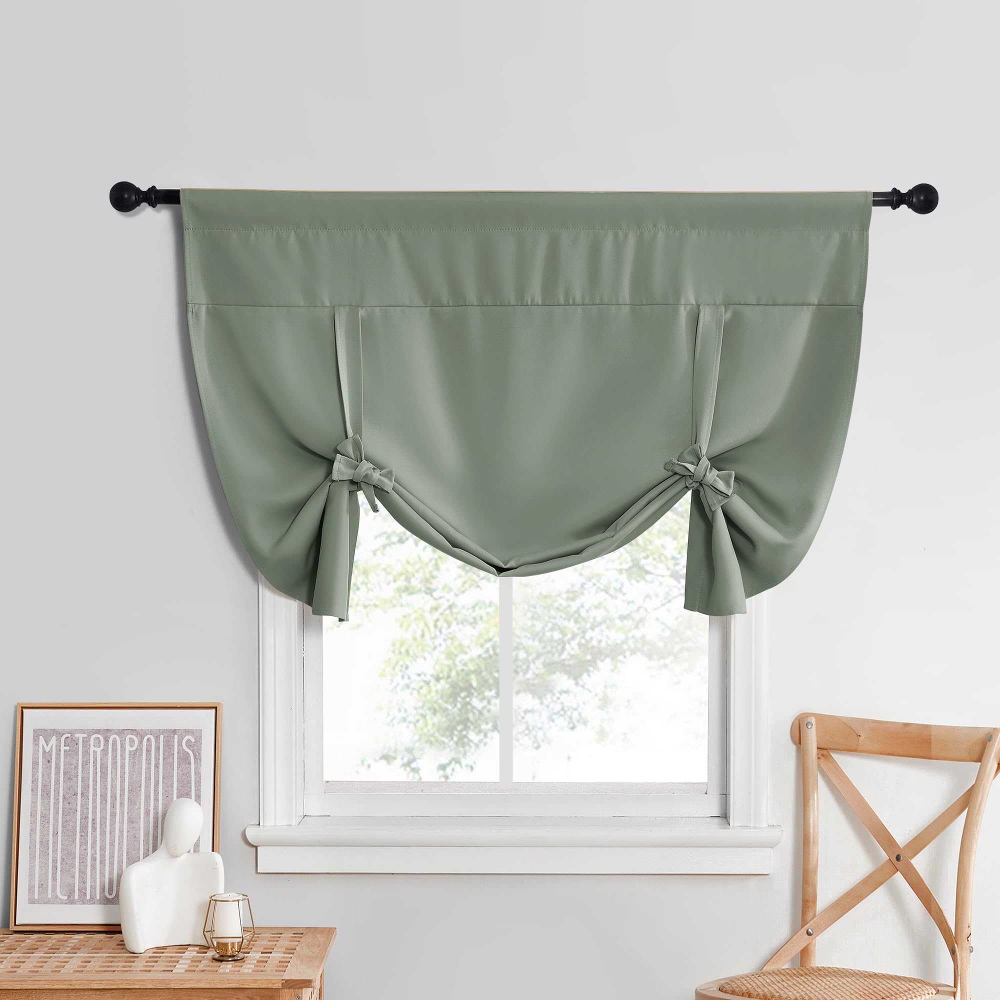 NICETOWN Kitchen Window Curtains for Cabinet, Farmhouse Tie Up Short Curtains for Small Window Thermal Roman Shade Adjustable Va