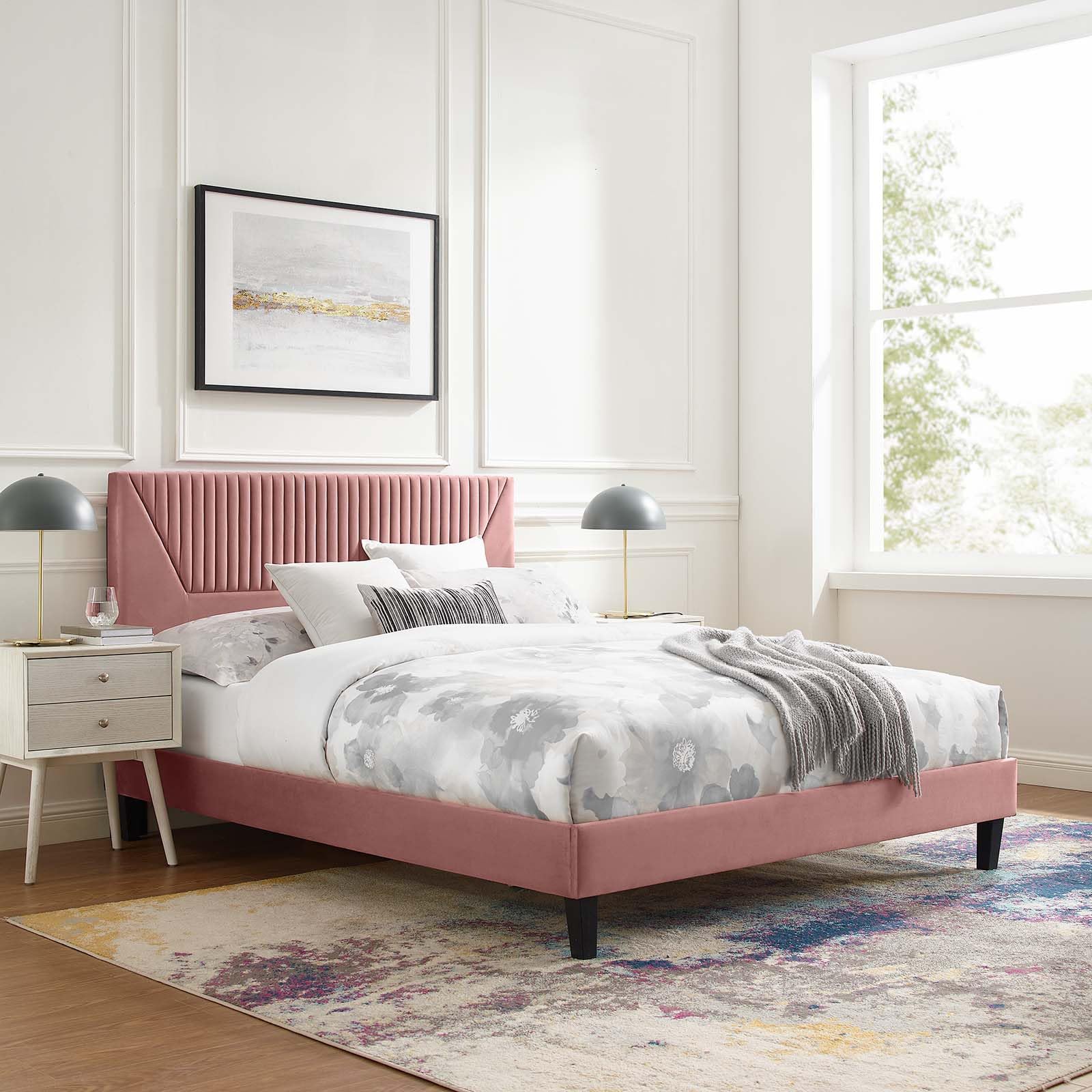 Modway Yasmine Channel Tufted Performance Velvet King Platform Bed in Dusty Rose