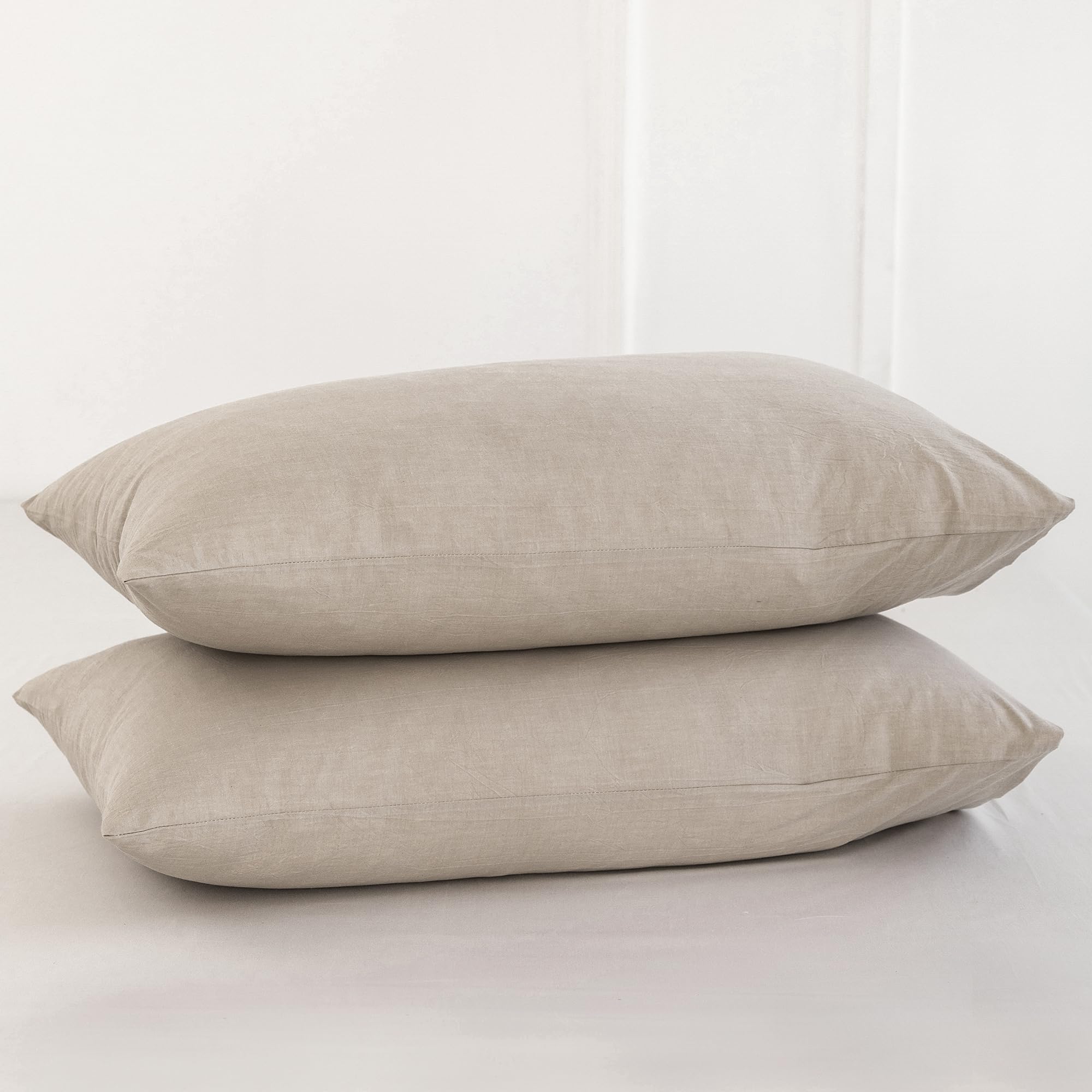 Moomee Bedding Pillowcases Pack Of 2 100% Washed Cotton Linen Like Textured Breathable Durable Soft Comfy (Tannish Linen Grey, S