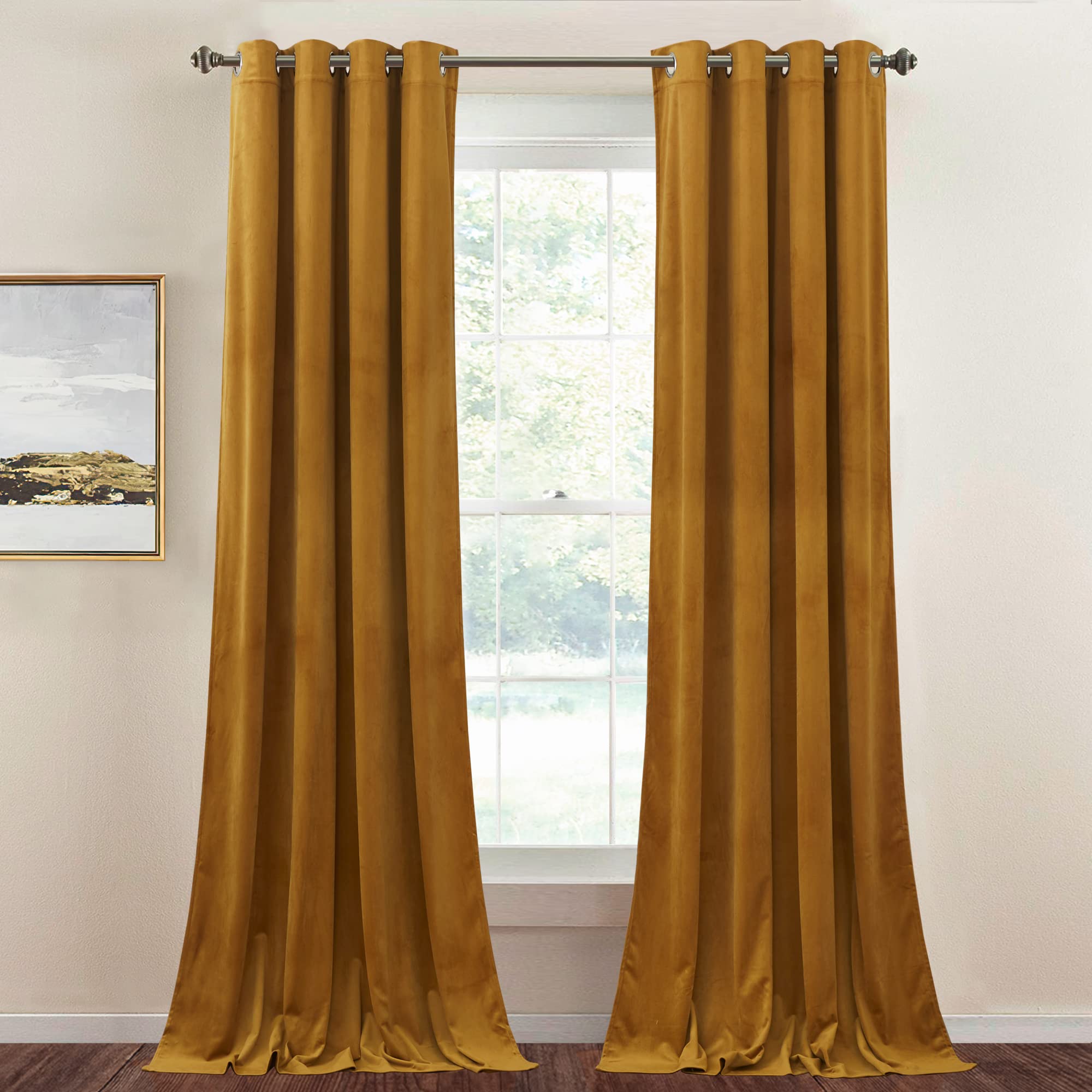 Stangh Mustard Gold Velvet Curtains - Light Blocking Grommet Blackout Drapes For Living Room Bedroom Country Style Party Backdro