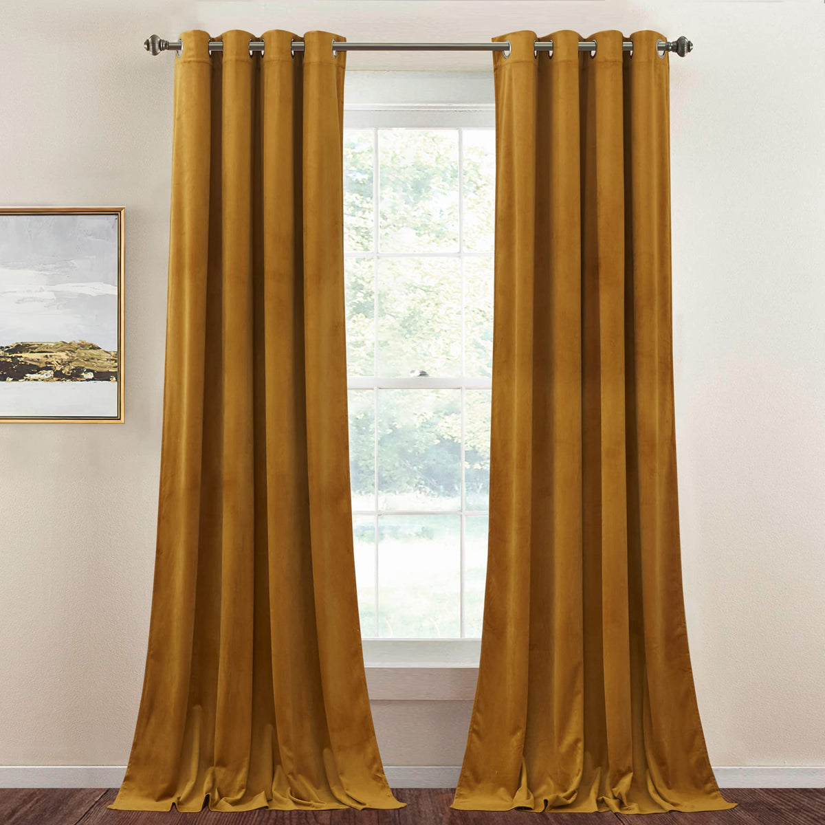 Stangh Mustard Gold Velvet Curtains - Light Blocking Grommet Blackout Drapes For Living Room Bedroom Country Style Party Backdro