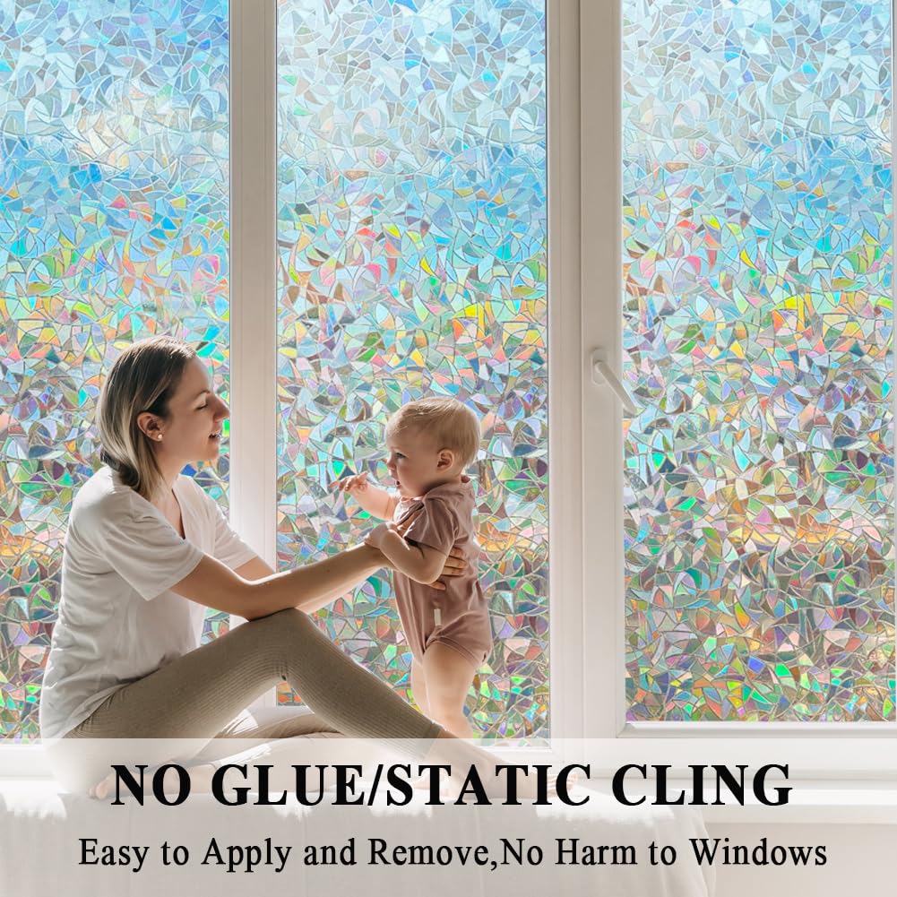 3D Prism Window Film,Transparent Decorative Glass Film Window Door Tint Sun Catcher Film,Rainbow Effect Static Cling Heat Contro