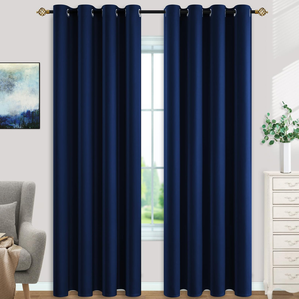 Mrs.Naturall 52X90 Inches Long Navy Blue Curtains For Dining Room 2 Panels Blackout Room Darkening Curtain For Bedroom