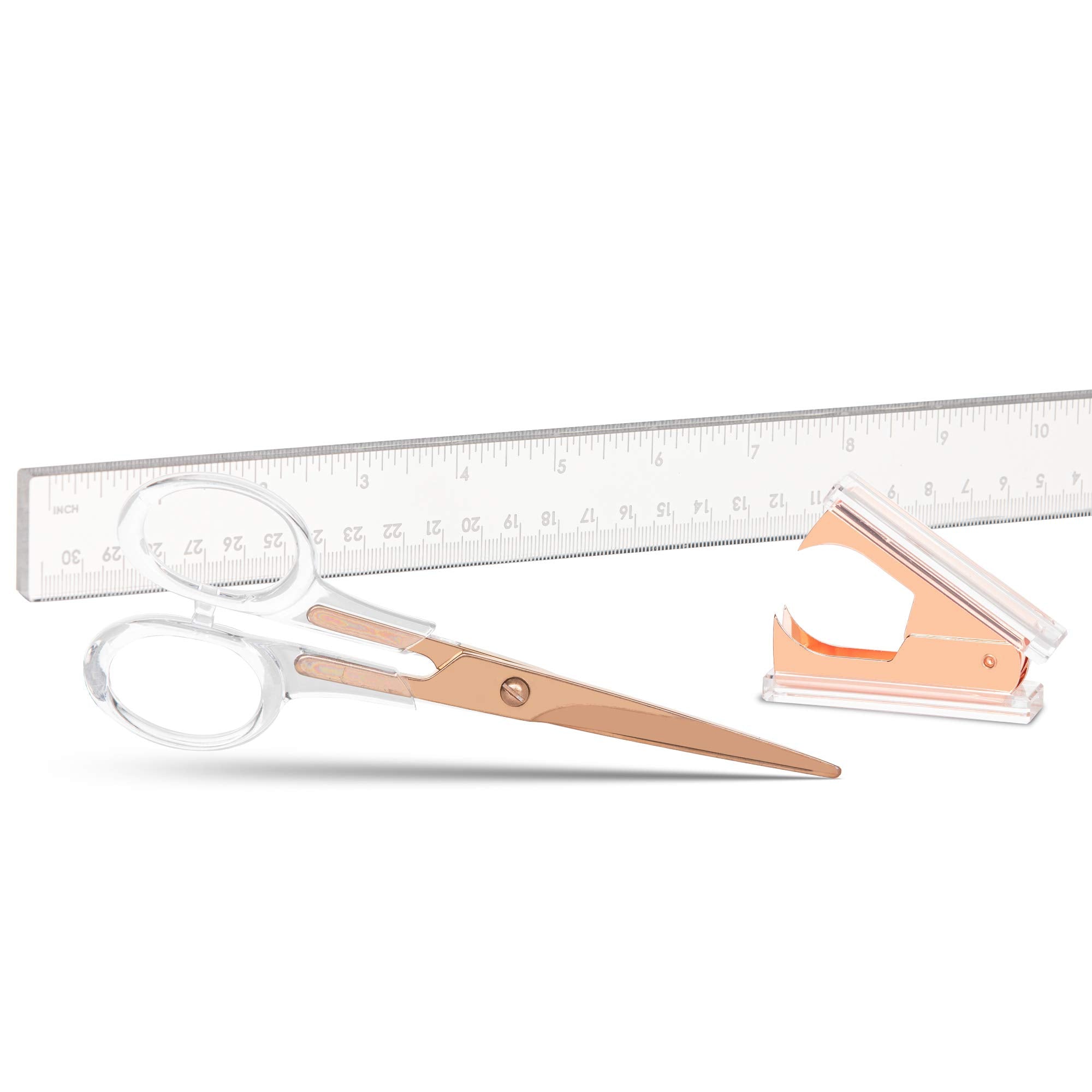 Staple & Stick | Stationery & Desk Accessories | Scissors, Staple Remover & Ruler Set | Rose Gold & Clear Acrylic Lucite | Offic