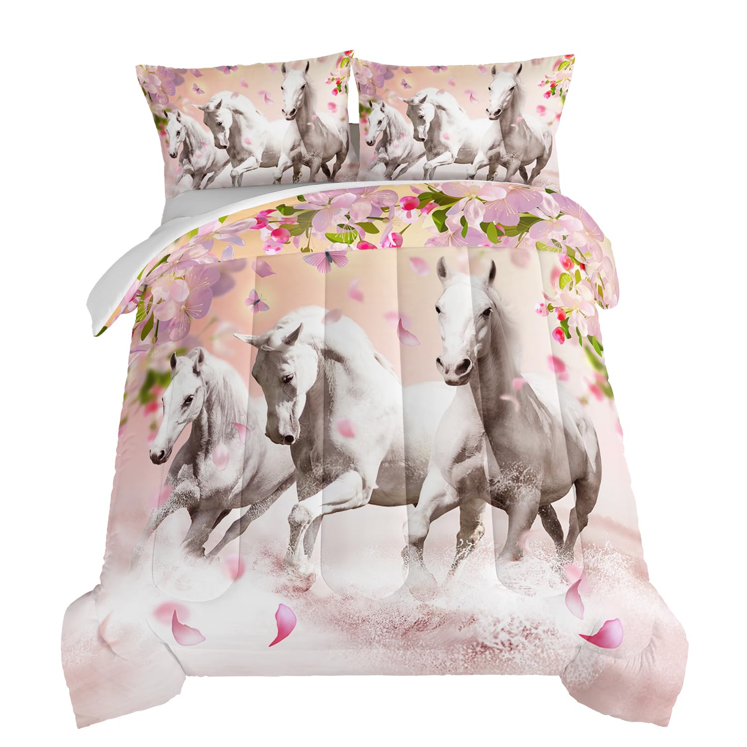 Hosima Horse Bedding For Girls, Pink Cherry Blossom Printed Twin Comforter Set With 2 Pillowcases, 3D Farm Wild Animal Pattern,