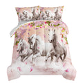 Hosima Horse Bedding For Girls,Pink Cherry Blossom Printed Full Size Comforter Set For Teens With 2 Pillowcases,3D Farm Wild Ani
