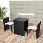 vidaXL - 3 Piece Bistro Set in Black, Outdoor Setting with Cushions, Poly Rattan Construction, Space-Saving Design, Suitable for Balconies, Patios, and Gardens.