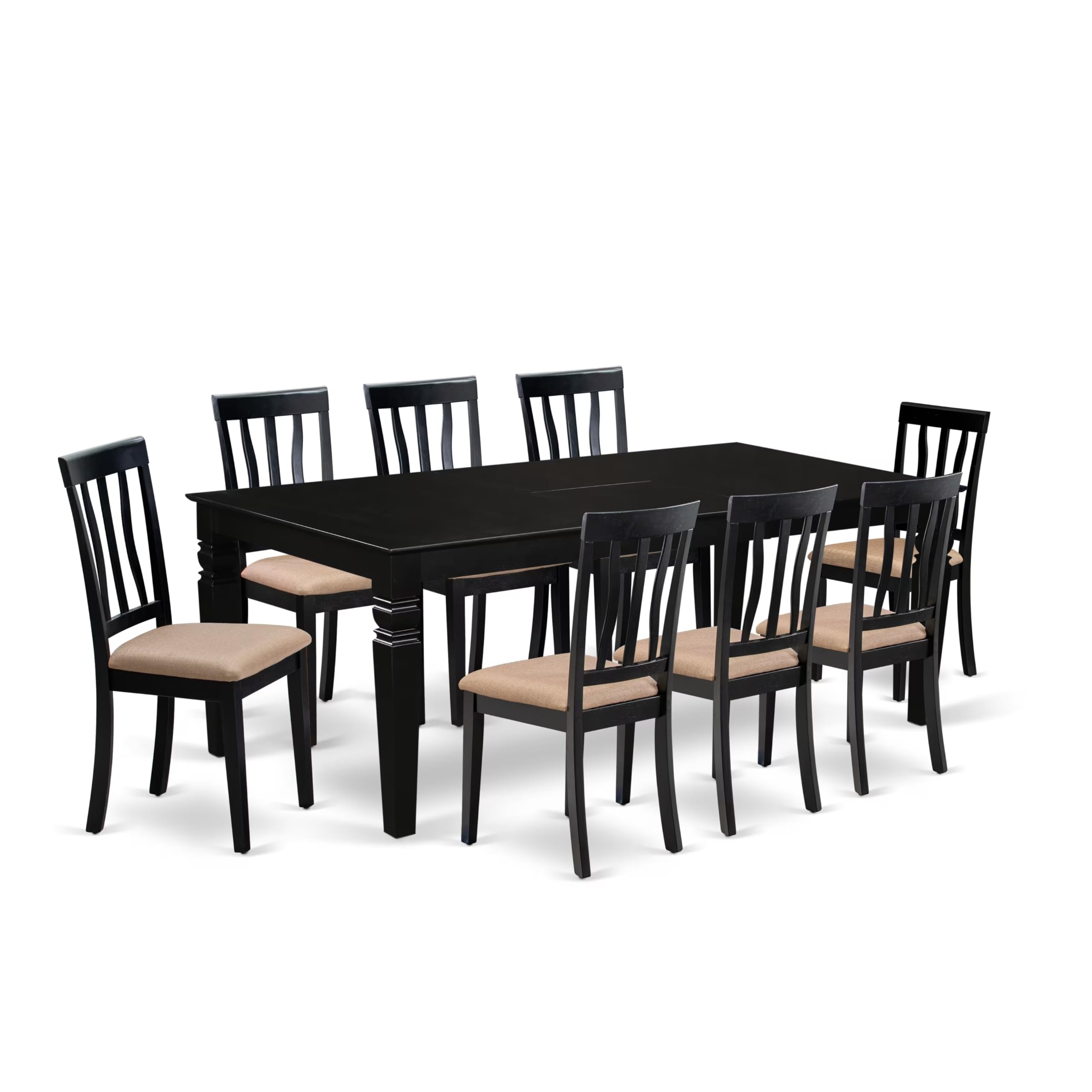 East West Furniture LGAN9-BLK-C 9 Piece Dining Room Table Set Includes a Rectangle Kitchen Table with Butterfly Leaf and 8 Linen Fabric Upholstered Dining Chairs, 42x84 Inch, Black