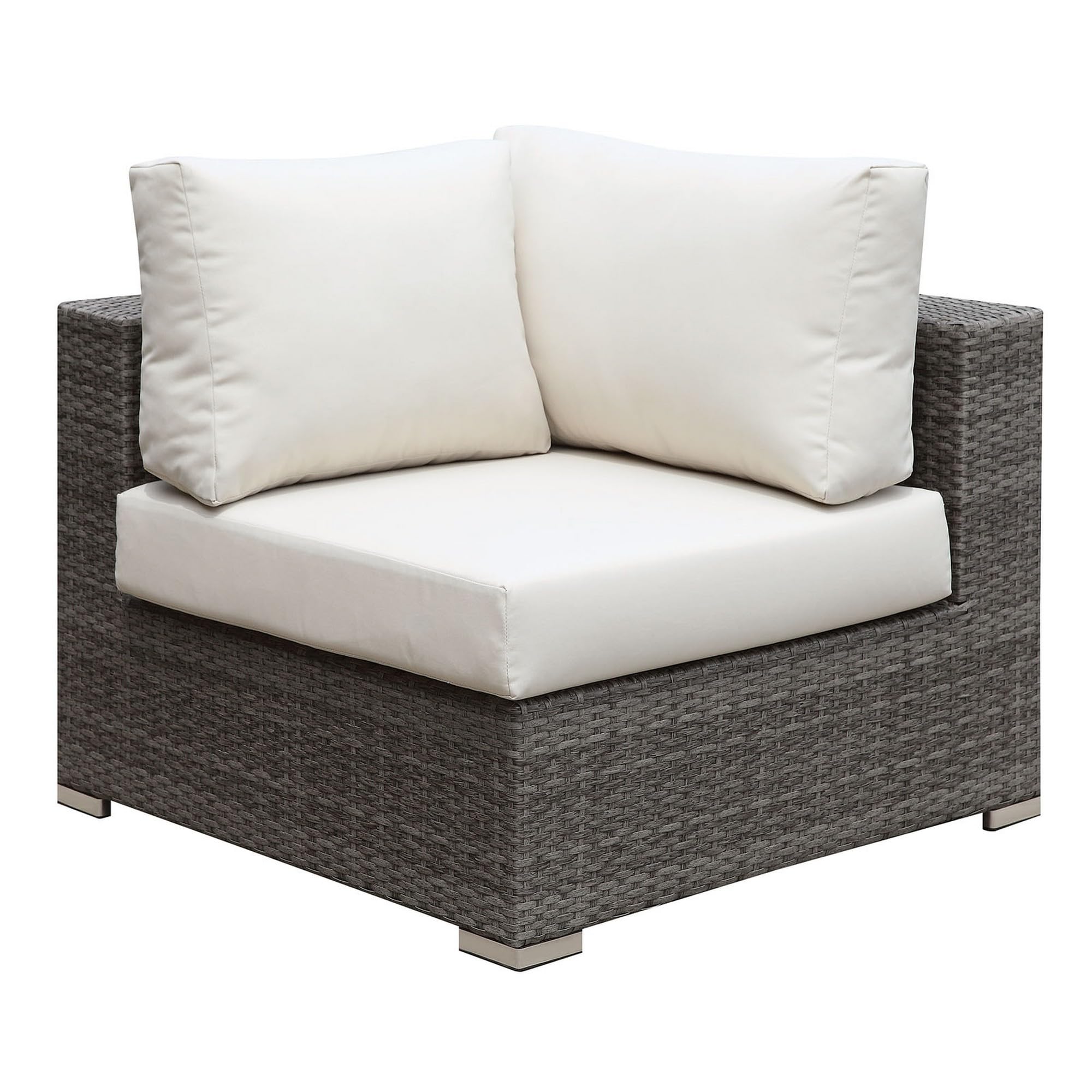 Benjara Benzara Faux Rattan Corner Chair With Seat And Back Cushions, Gray And White,