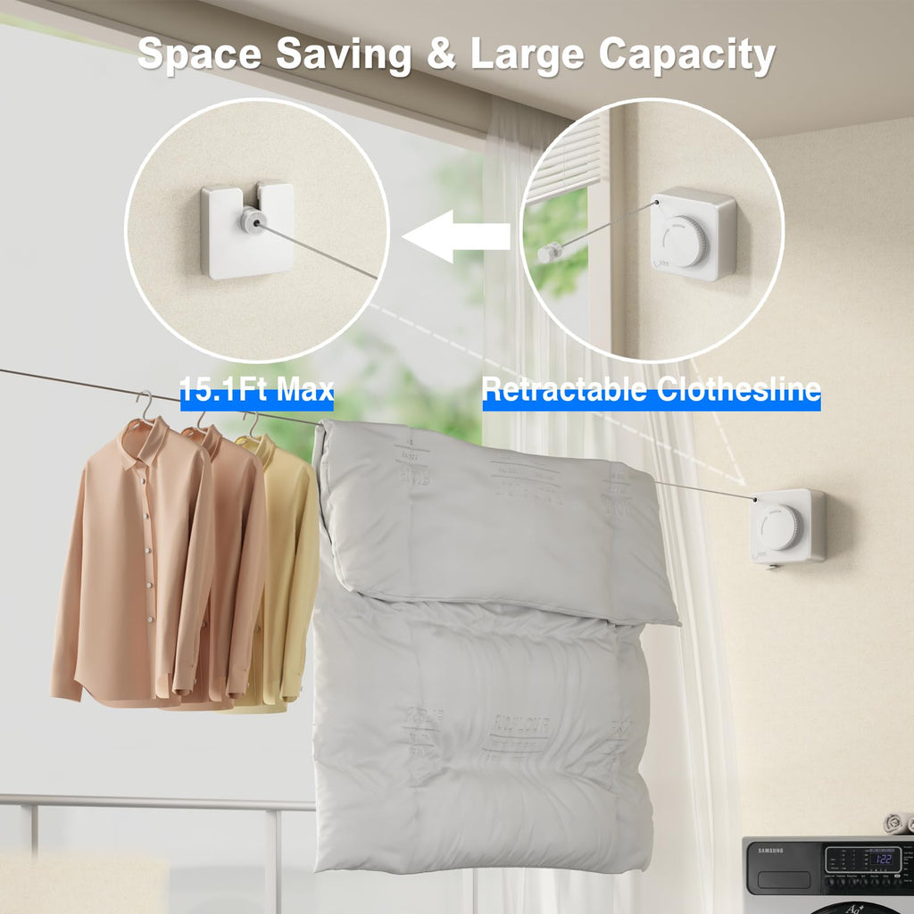 Mustorn Non-Sagging Retractable Clothesline Indoor & Outdoor Clothes Line Heavy Duty Clothes Drying Line Retracting Laundry Line