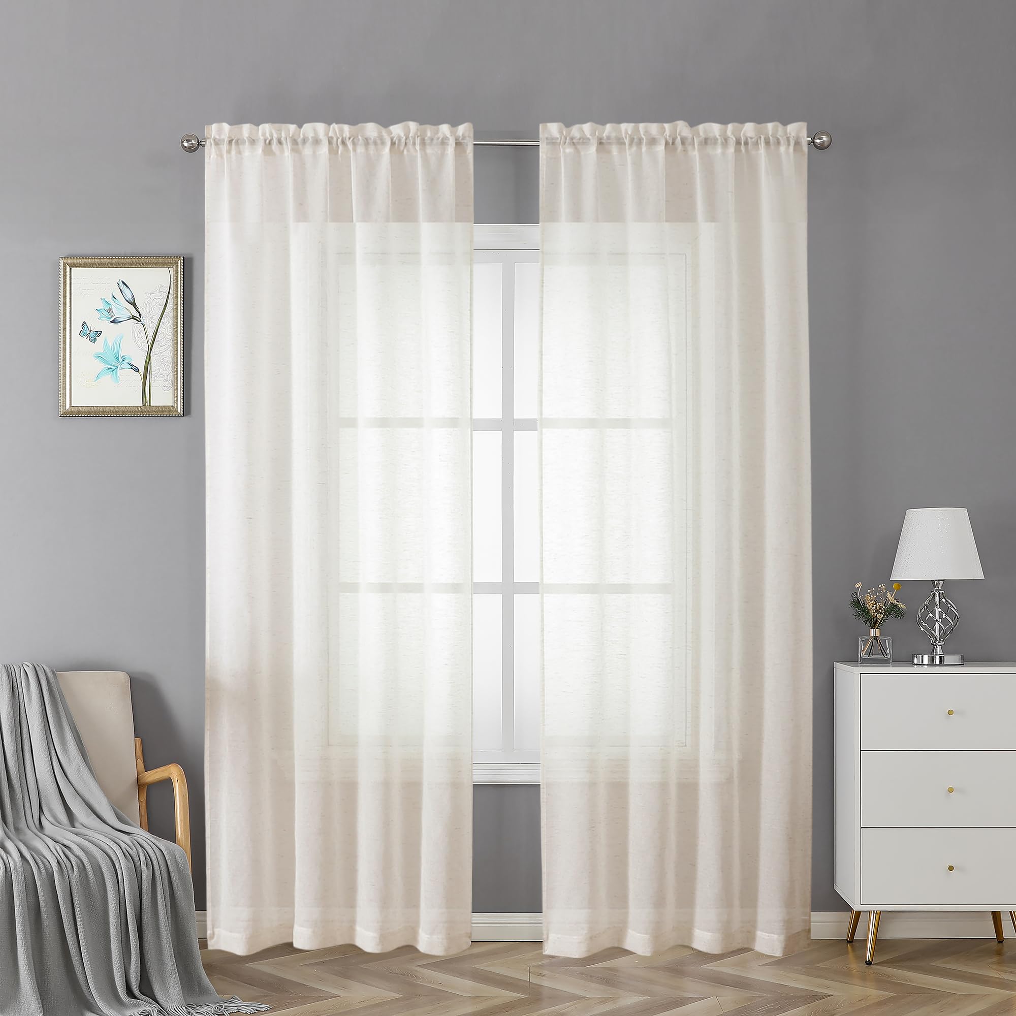 Lecloud Doris Sheer Linen Curtains 84 Inch Length 2 Panels Set, Solid Slub Natural Curtain/Panel/Drapes For Living Room Bedroom,