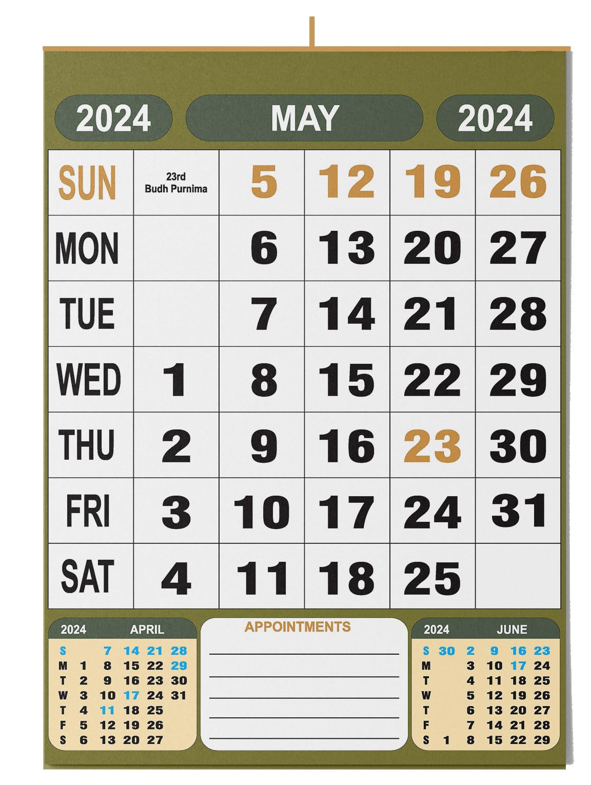 AccuPrints 12 Pages 2025, 14 by 20 inch Offices Wall Calendar Large Dates with Space for Marks/Notes-Green Color