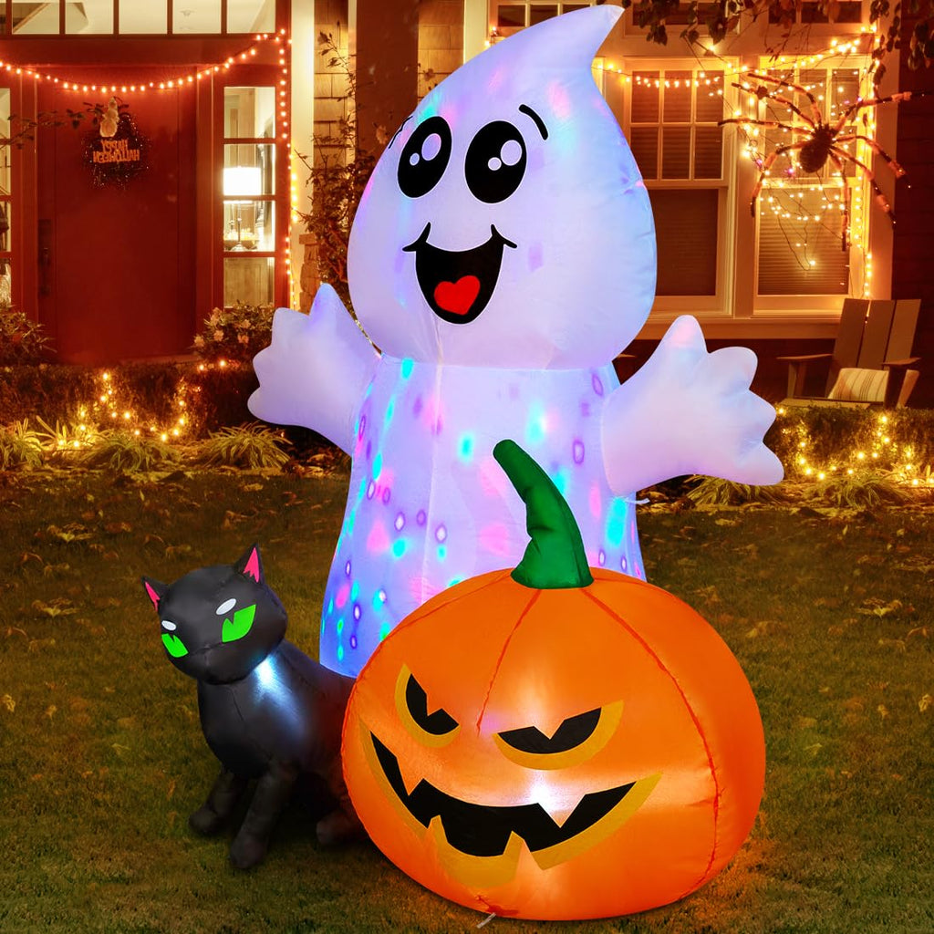 Comin Halloween Inflatable 5Ft Ghost With Black Cat And Pumpkin, Built-In Leds Blow Up Yard Decoration For Party Outdoor Yard Ga