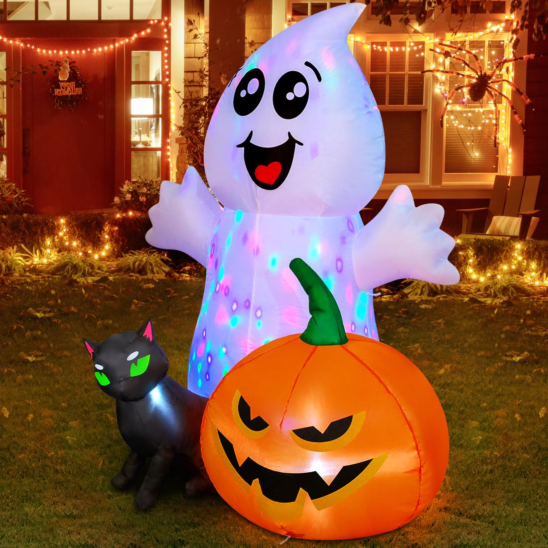 Comin Halloween Inflatable 5Ft Ghost With Black Cat And Pumpkin, Built-In Leds Blow Up Yard Decoration For Party Outdoor Yard Ga