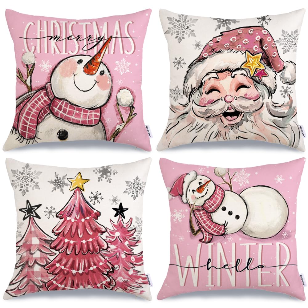 Geeory Merry Christmas Throw Pillow Covers 18X18 Inch Set Of 4, Santa Snowmen Xmas Trees Hello Winter Snowflake Holiday Farmhous