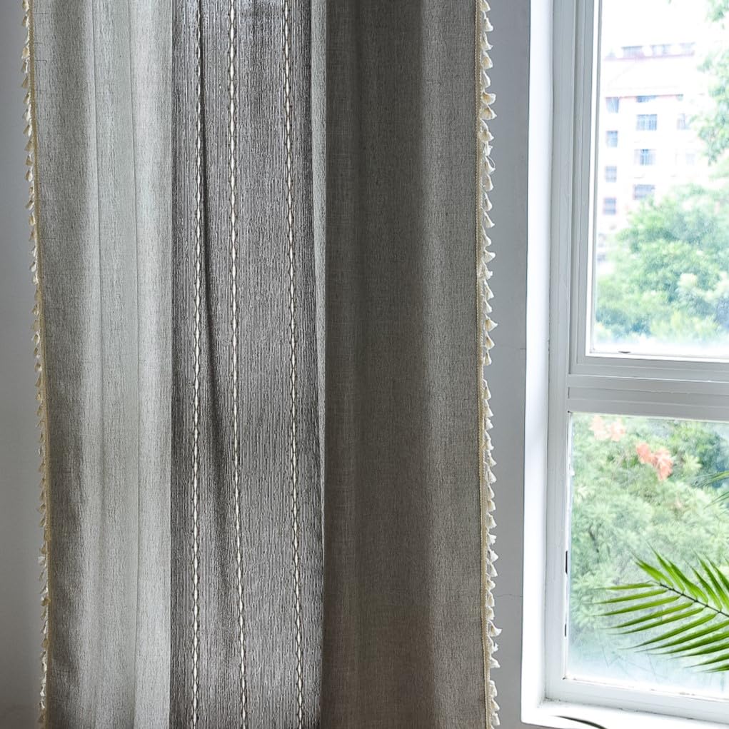 Sutuo Home Boho Curtains For Bedroom Dining Room, Semi Blackout Linen Farmhouse Shabby Chic Tassels Window Treatment Bohemian Embroidery Drape, Rod Pocket 1 Panel 52' W X 84' L, Gray Linen