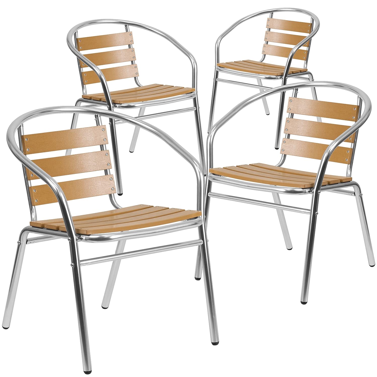 Flash Furniture Lila 4 Pack Commercial Aluminum Indoor-Outdoor Restaurant Stack Chair with Triple Slat Faux Teak Back