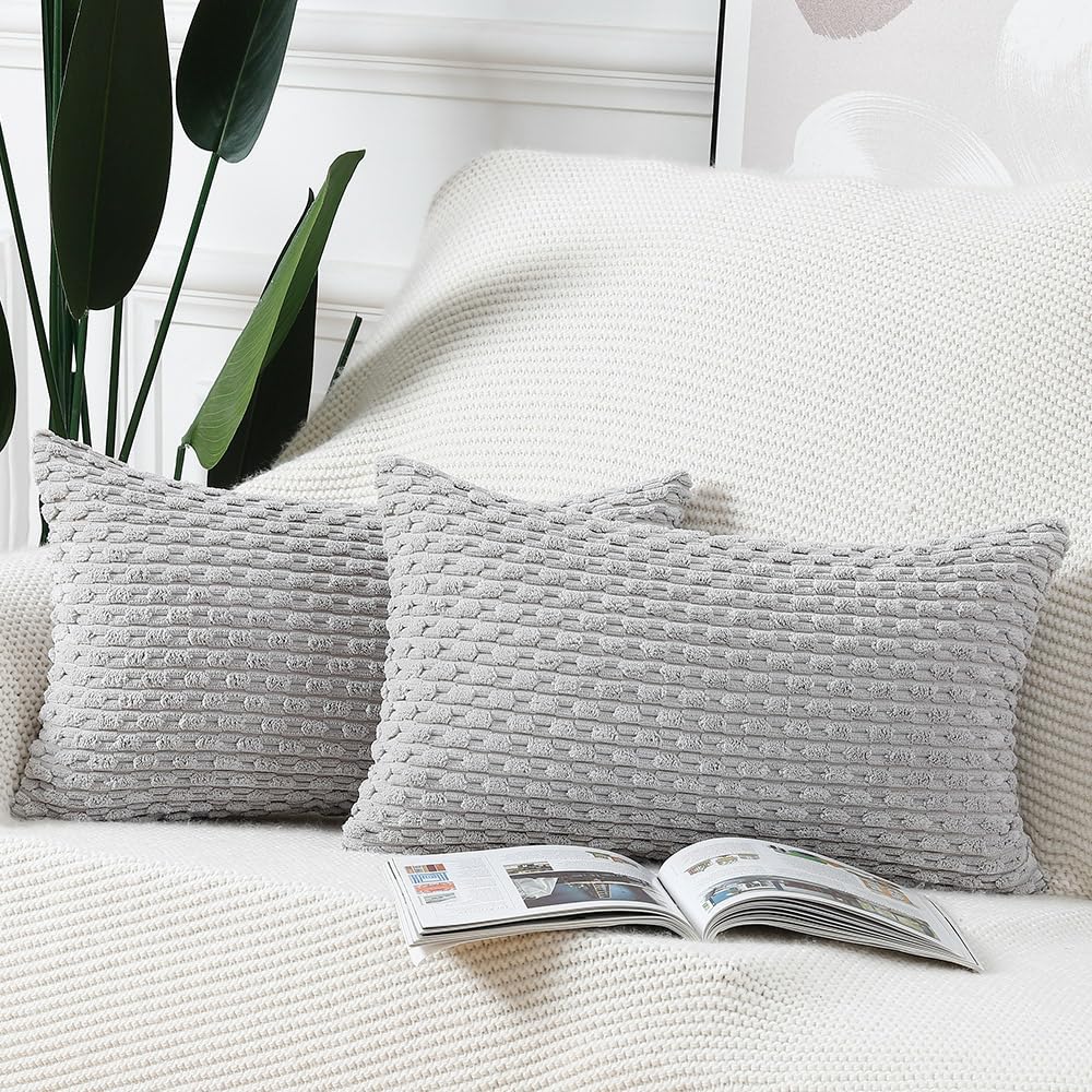 Madizz Pack Of 2 Boho Corduroy Striped Throw Pillow Covers 12X20 Inch Light Grey Soft Decorative Cushion Cover For Bedroom Sofa