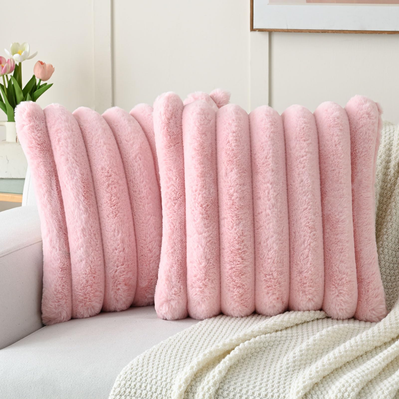 Futei Pink Decorative Throw Pillow Covers 18X18 Inch Set Of 2, Square Soft Faux Rabbit Fur Big Striped Cushion Cover,Home Decor