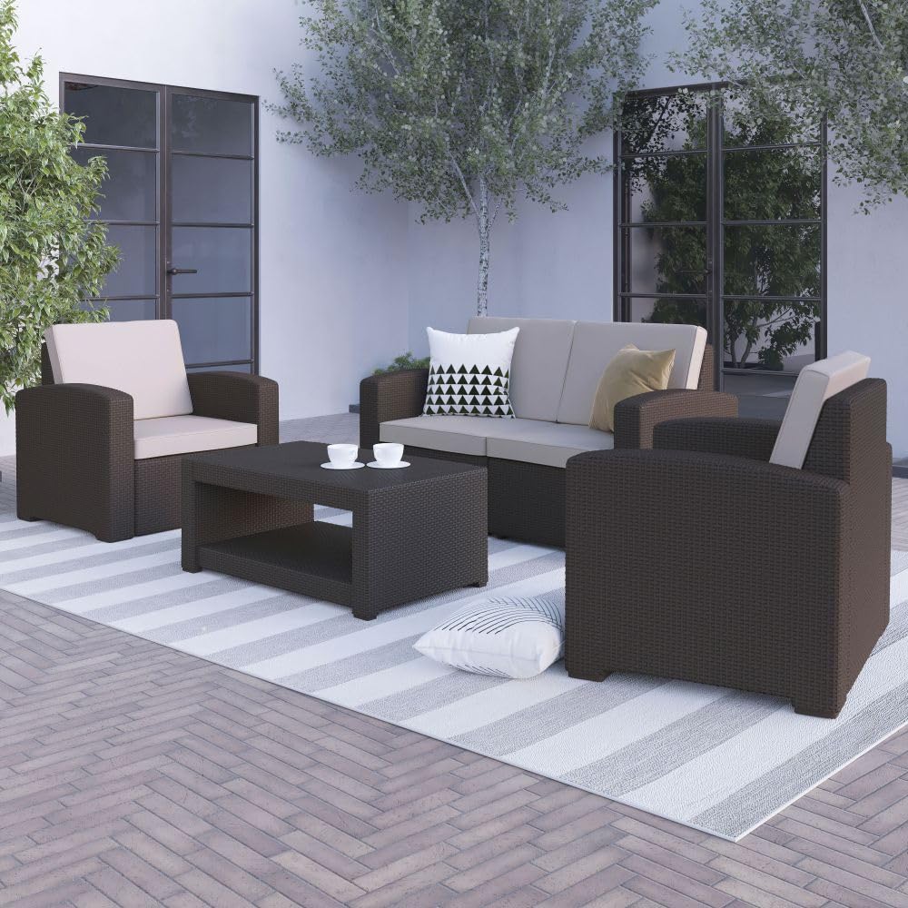 Flash Furniture Seneca 4 Piece Outdoor Faux Rattan Chair, Loveseat and Table Set in Seneca Chocolate Brown
