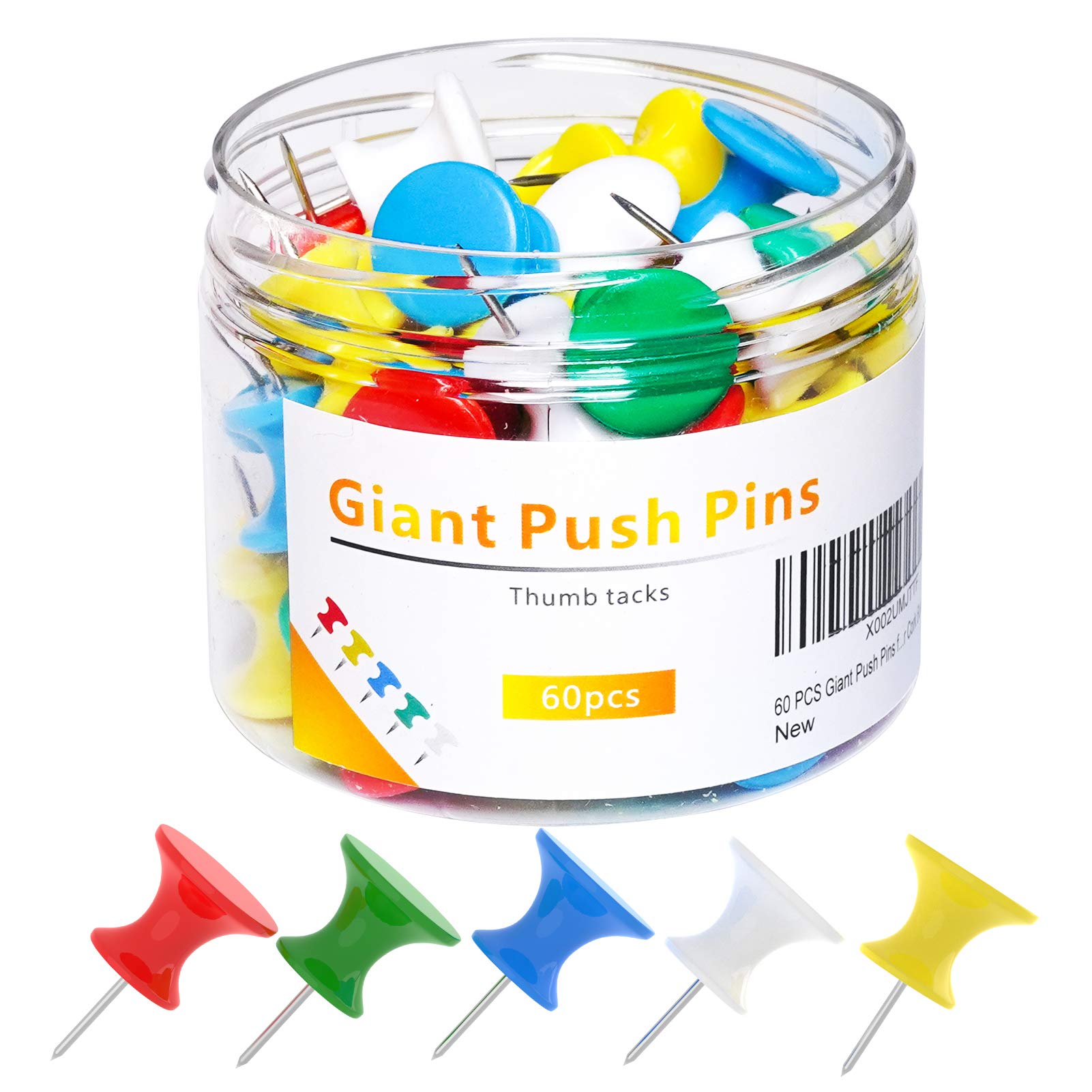 Updateclassic 60 Pcs Gaint Push Pins, 1 Inch, Jumbo Thumb Tacks, Steel Point And Plastic Head, Large Thumbtacks For Bulletin Boa